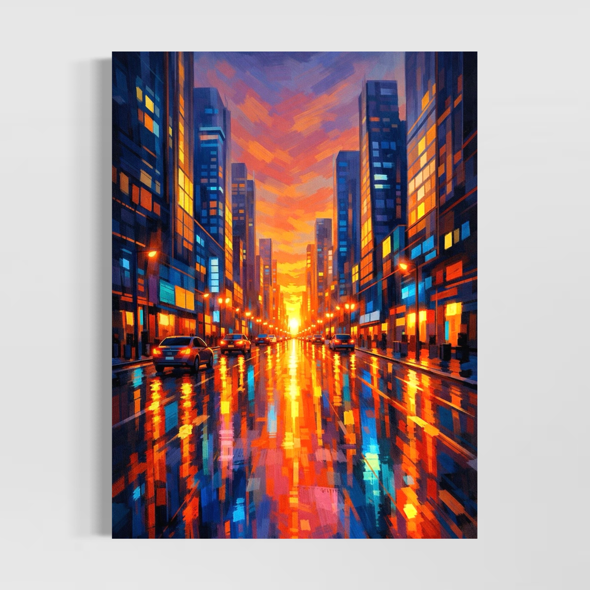 tableau ville moderne crépuscule urbain avec reflets lumineux et skyline contemporaine
