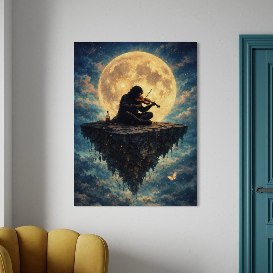 tableau violon de minuit musicien lune pleine lune décoration intérieure moderne art surréaliste mural