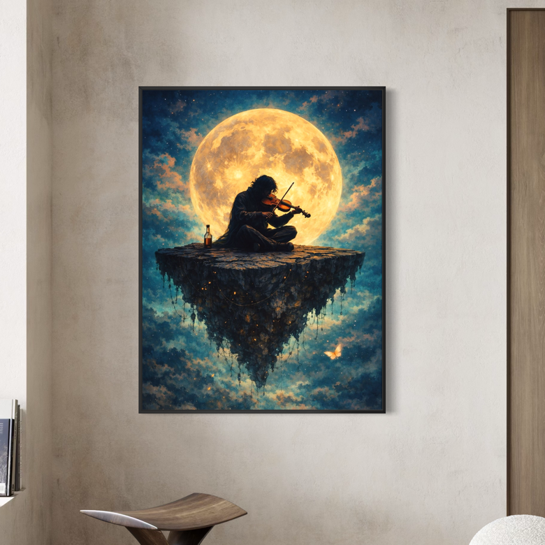tableau violon de minuit musicien lune pleine lune décoration murale chambre art surréaliste