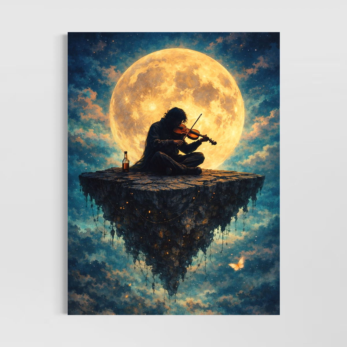 tableau violon de minuit musicien violon lune ciel étoilé art surréaliste décoration murale