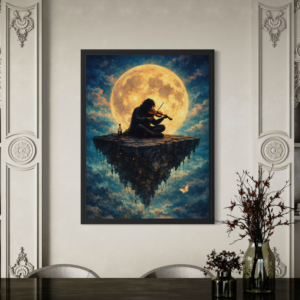 tableau violon de minuit musicien lune pleine lune ciel étoilé art surréaliste décoration murale élégante