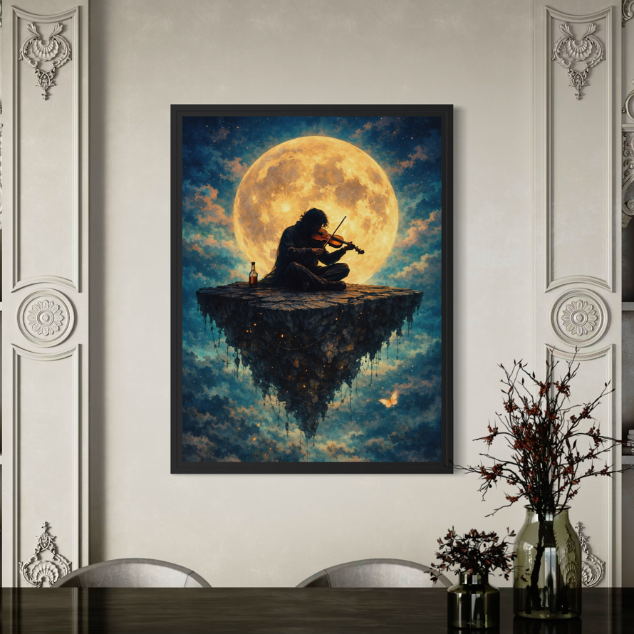 tableau violon de minuit musicien lune pleine lune ciel étoilé art surréaliste décoration murale élégante