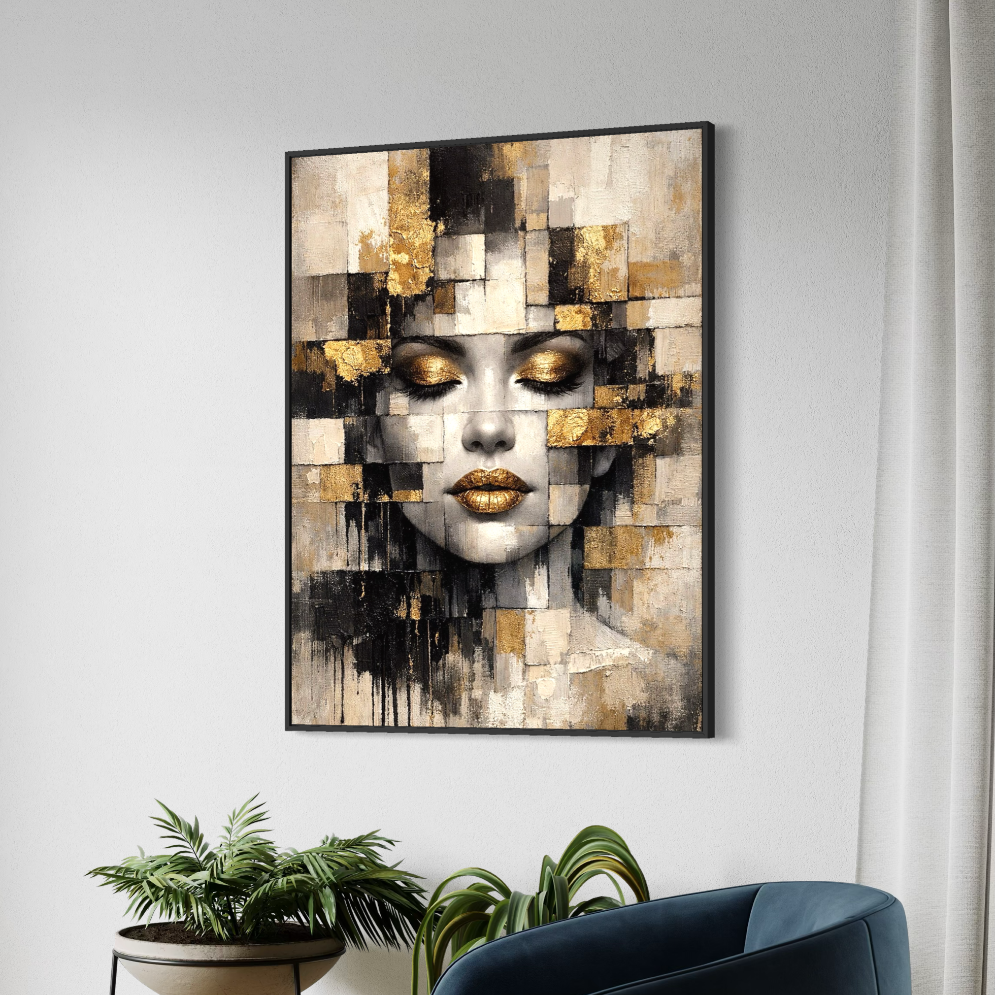 Tableau visage abstrait doré moderne accroché dans un salon contemporain élégant