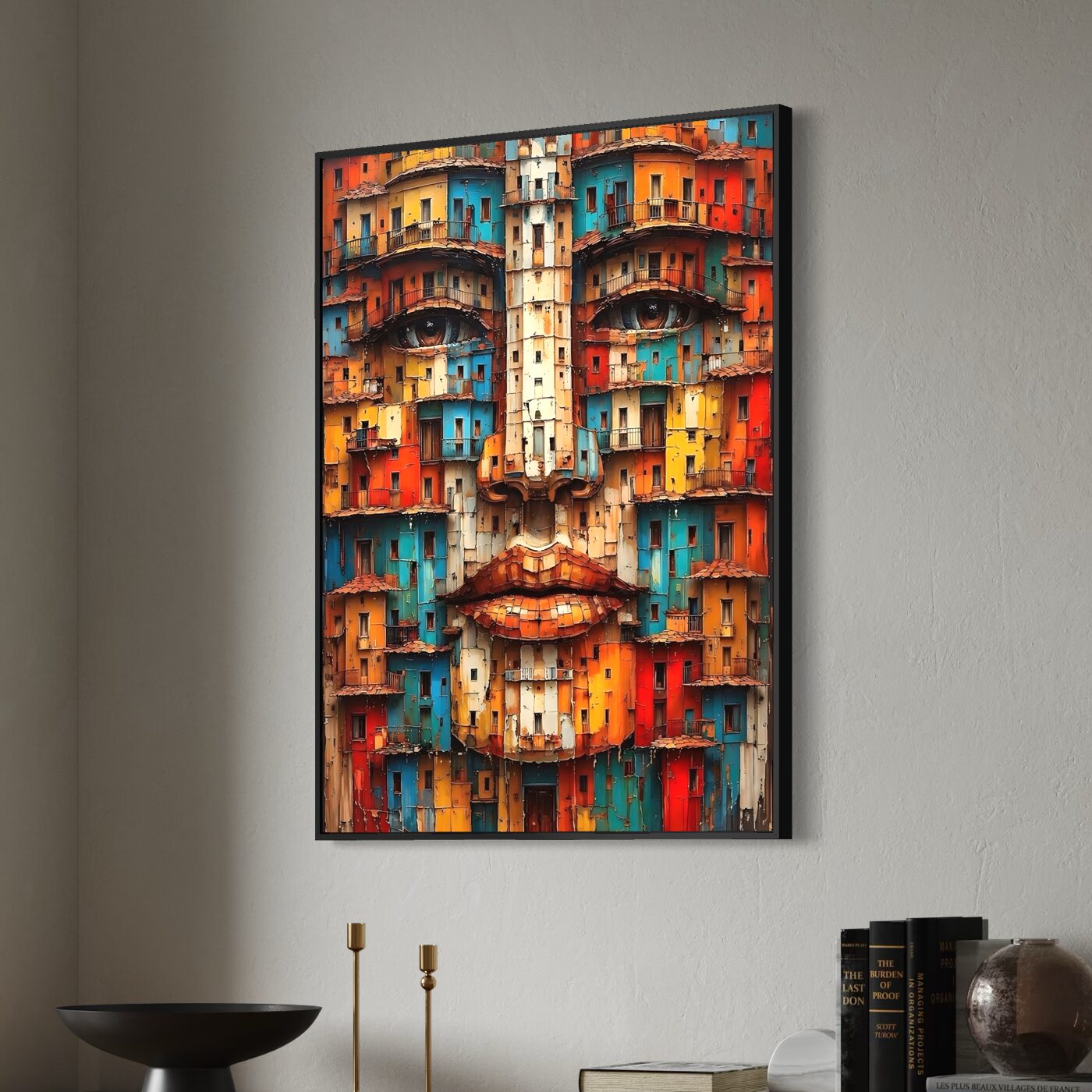 tableau visage architecture urbaine encadré art contemporain décoration murale moderne loft design