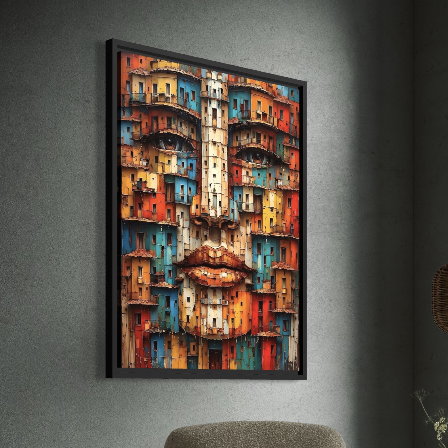 tableau visage architecture urbaine encadré street art décoration murale moderne salon design