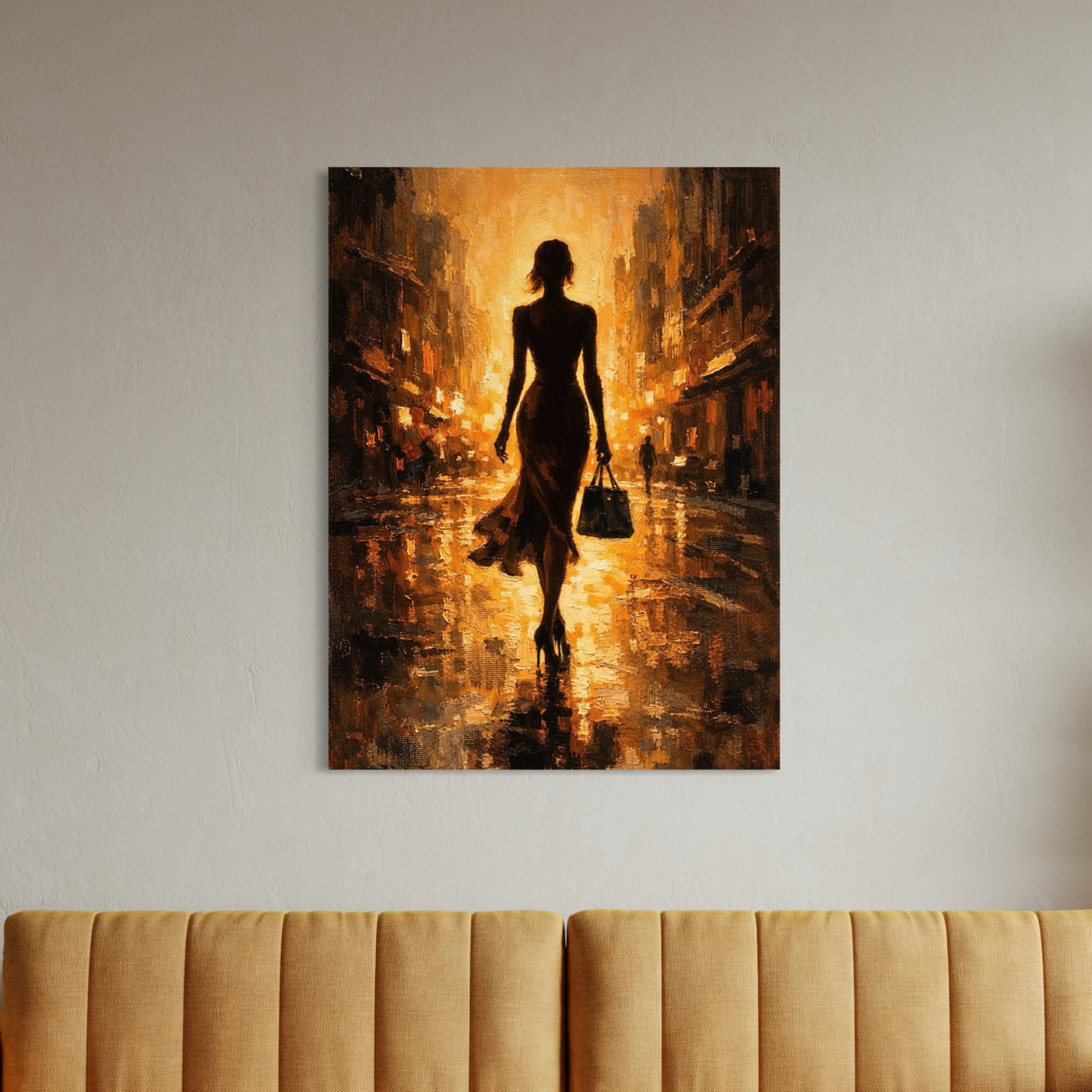 Tableau Femme Mirage – silhouette féminine et ambiance dorée toile murale femme mirage silhouette feminine lumiere doree decoration contemporaine chaleureuse