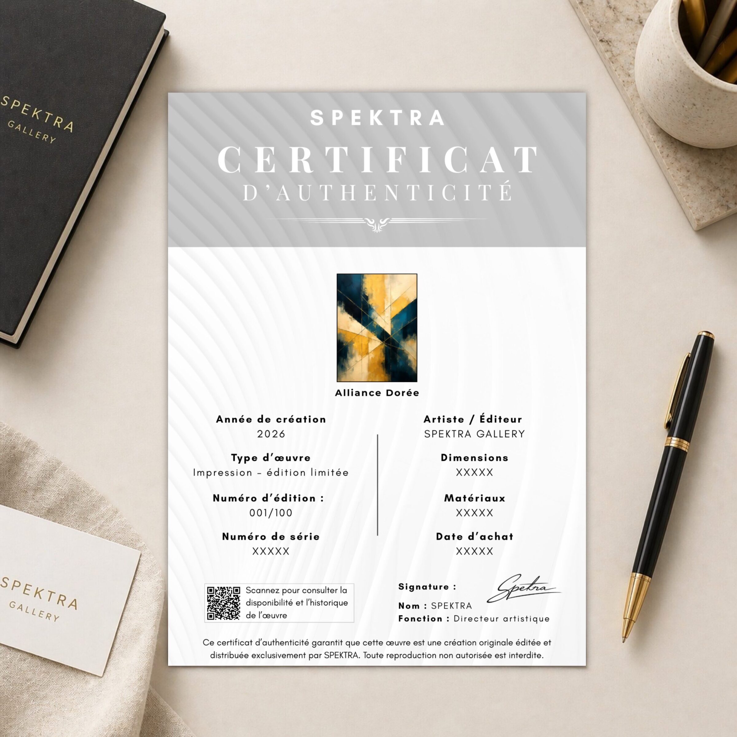 Tableau Alliance Dorée – Abstrait Géométrique Bleu et Or Certificat d’authenticité SPEKTRA de l’œuvre Alliance Dorée en édition limitée avec numéro d’édition, informations de traçabilité et signature officielle.