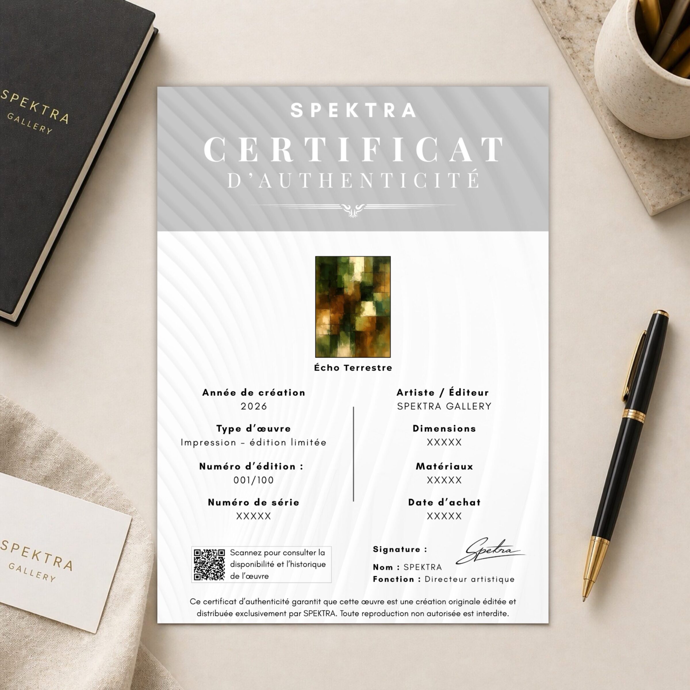 Certificat d’authenticité SPEKTRA de l’œuvre Écho Terrestre en édition limitée accompagné des informations d’édition et de certification.