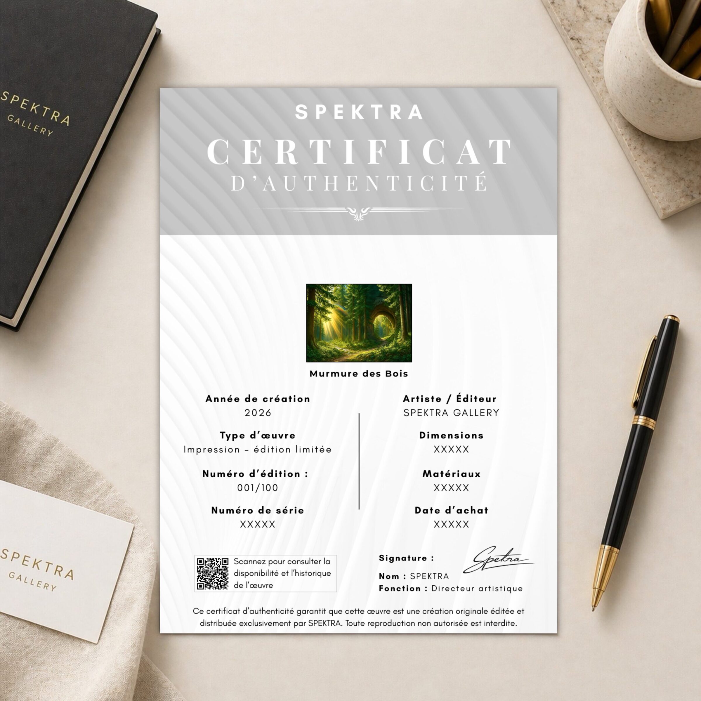 Certificat d’authenticité SPEKTRA de l’œuvre Murmure des Bois en édition limitée avec numérotation et signature