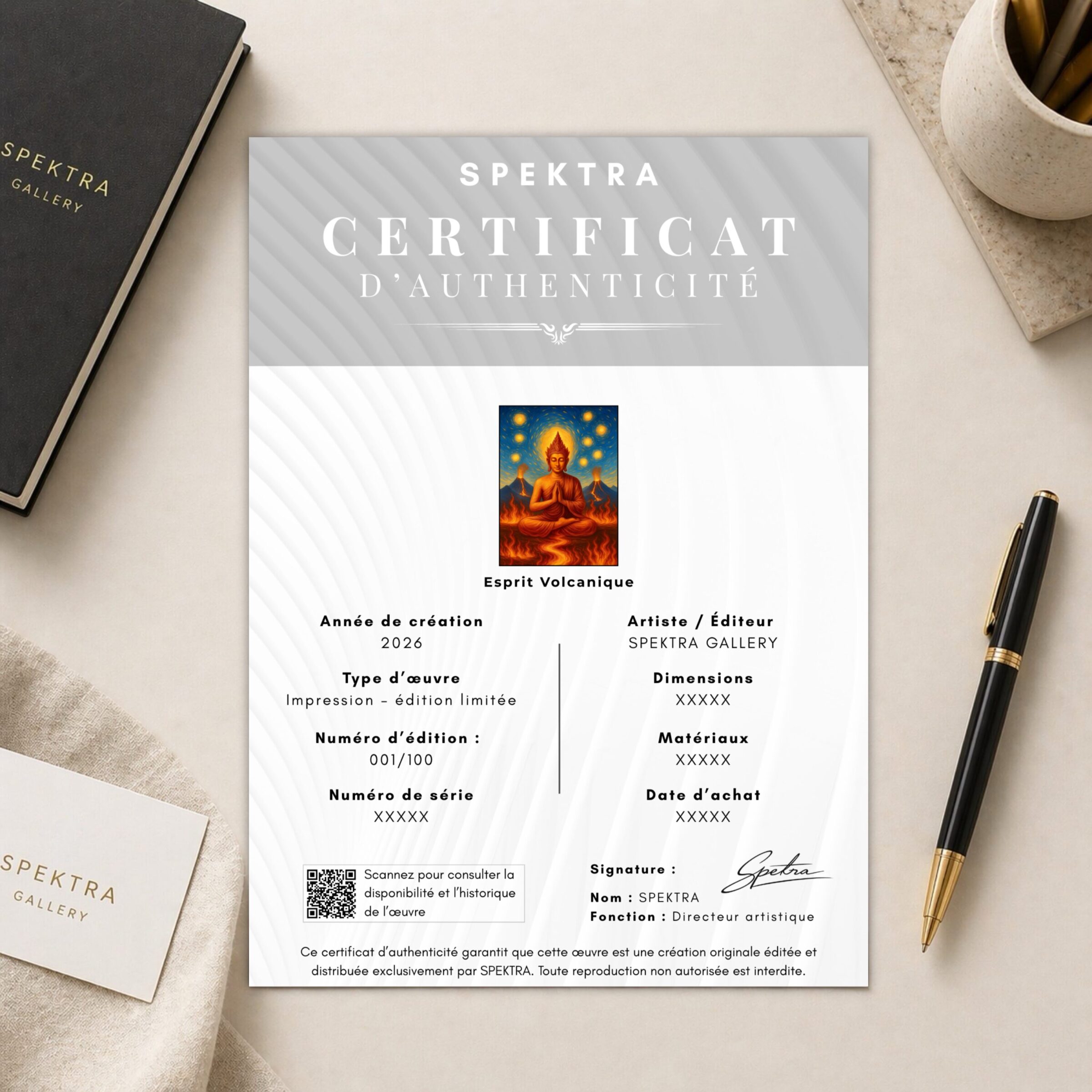 Certificat d’authenticité SPEKTRA accompagnant le tableau Esprit Volcanique en édition limitée avec numéro de série et informations d’édition