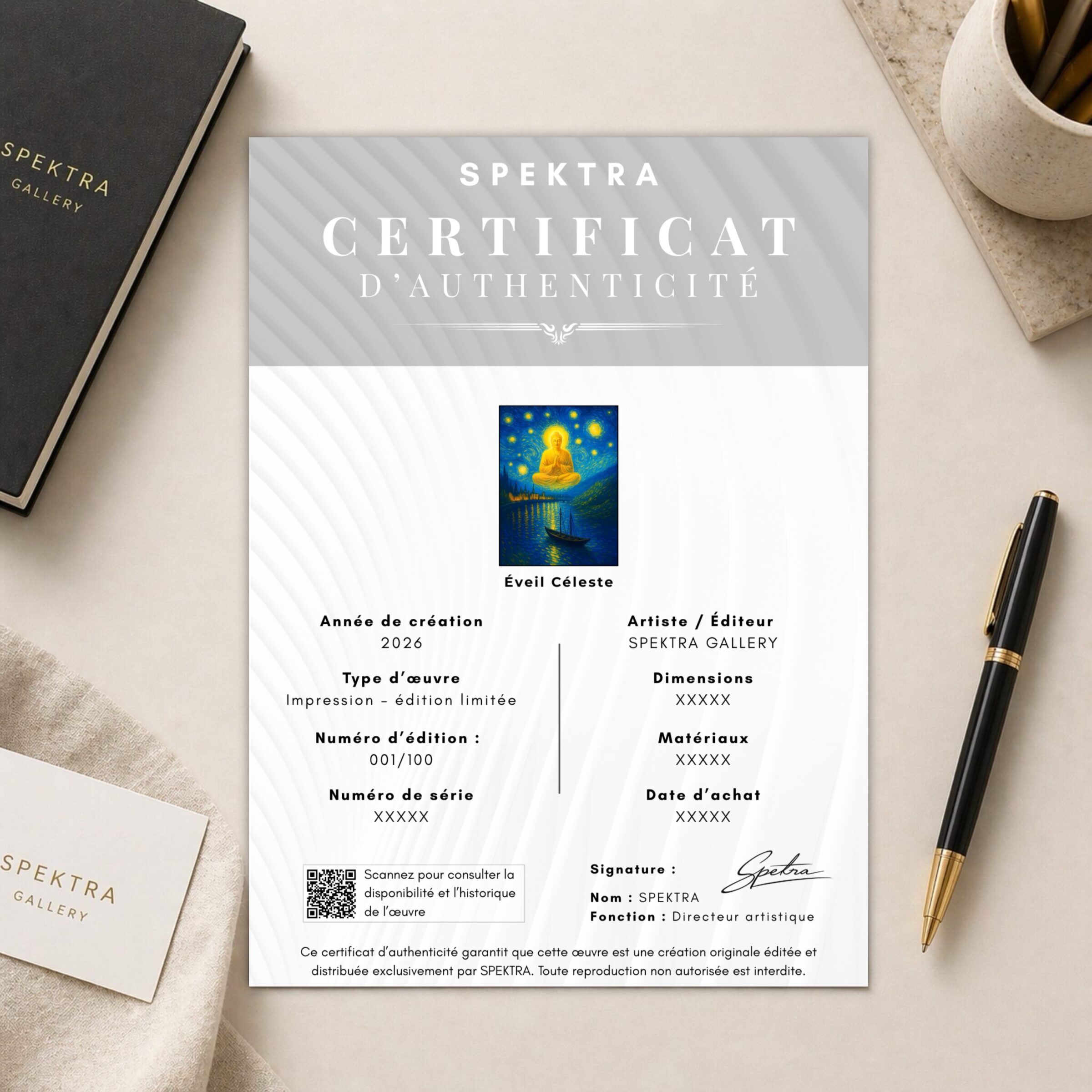 Tableau Éveil Céleste – Bouddha Zen et Nuit Étoilée Certificat d’authenticité SPEKTRA accompagnant le tableau Éveil Céleste en édition limitée avec numéro de série et informations d’édition