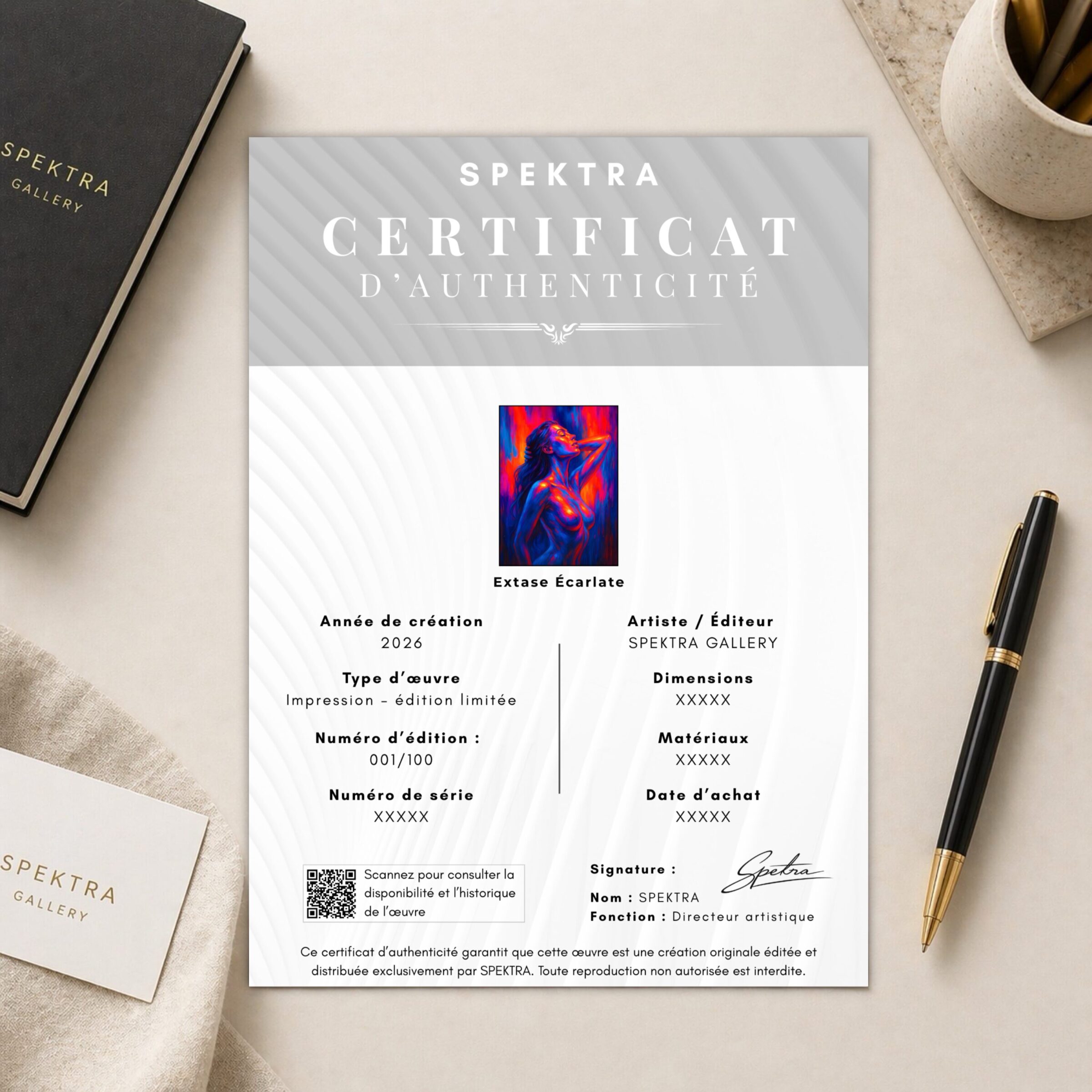 Certificat d’authenticité SPEKTRA pour l’œuvre Extase Écarlate représentant une silhouette féminine sensuelle aux couleurs néon rouges et bleues