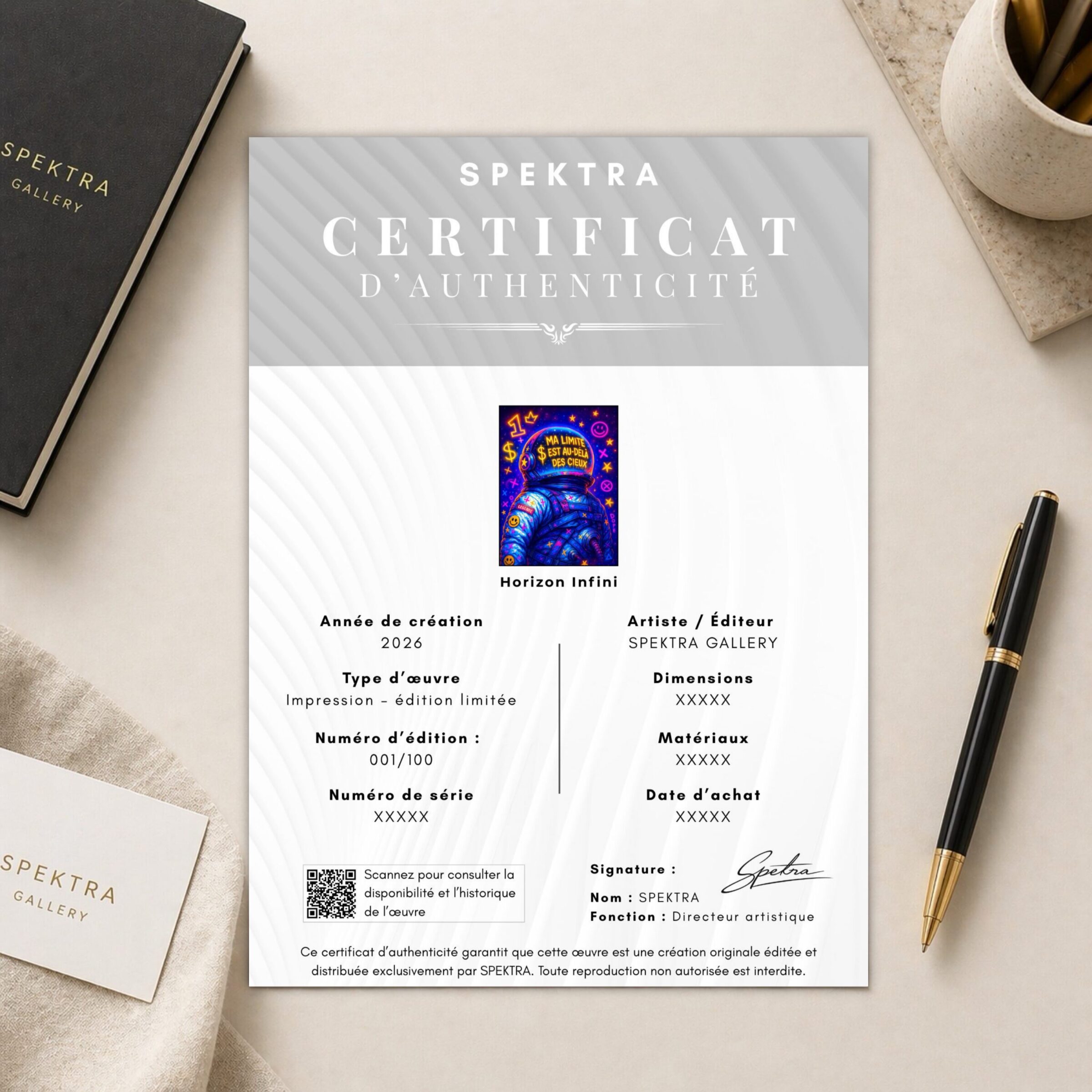 Tableau Horizon Infini – Astronaute Pop Art et Ambition | SPEKTRA Certificat d’authenticité SPEKTRA accompagnant le tableau Horizon Infini en édition limitée avec numéro de série, informations d’édition et certificat officiel