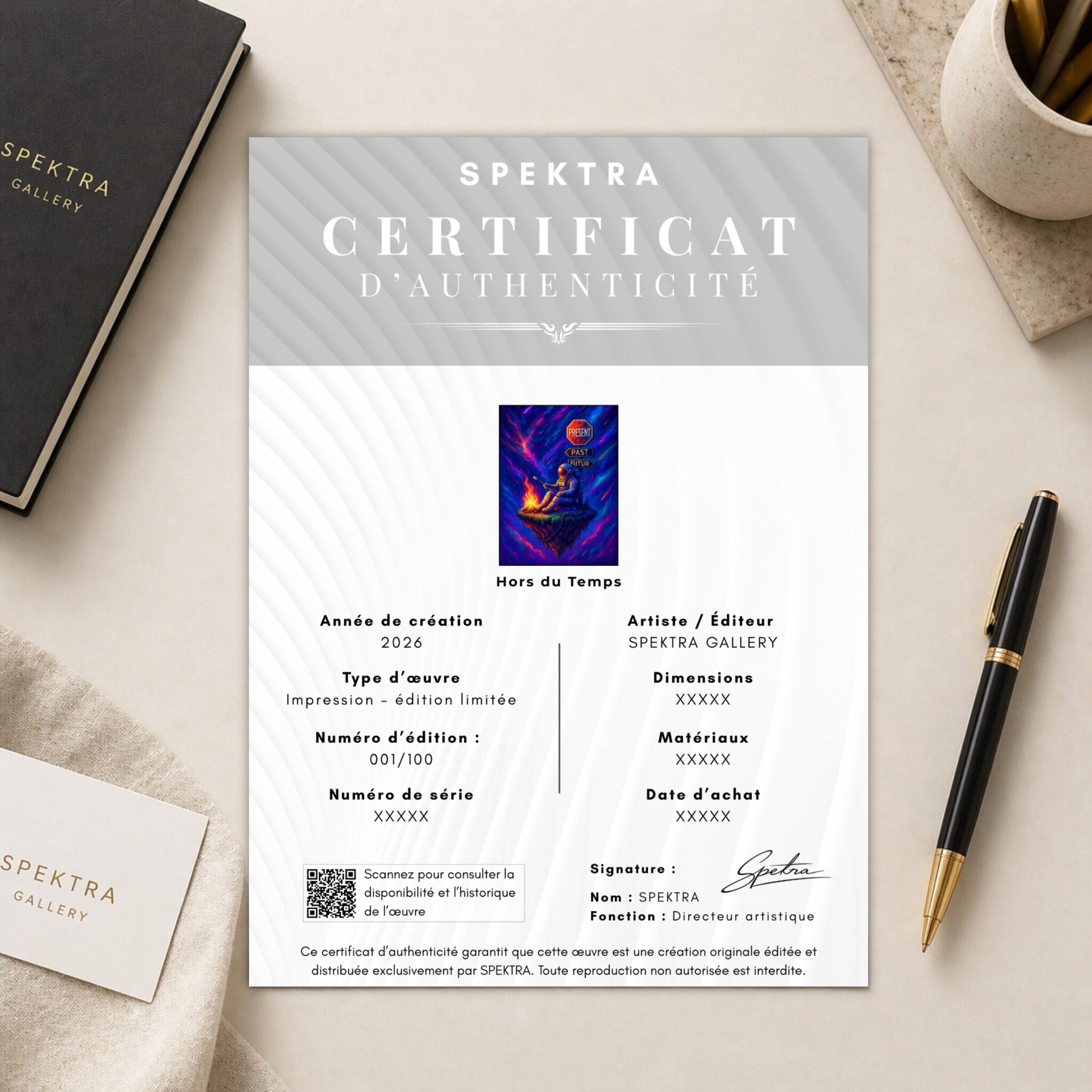 Tableau Hors du Temps – Astronaute, Cosmos et Présent Certificat d’authenticité SPEKTRA Gallery pour l’œuvre Hors du Temps, présenté sur un bureau élégant avec aperçu du tableau, numéro d’édition et signature.