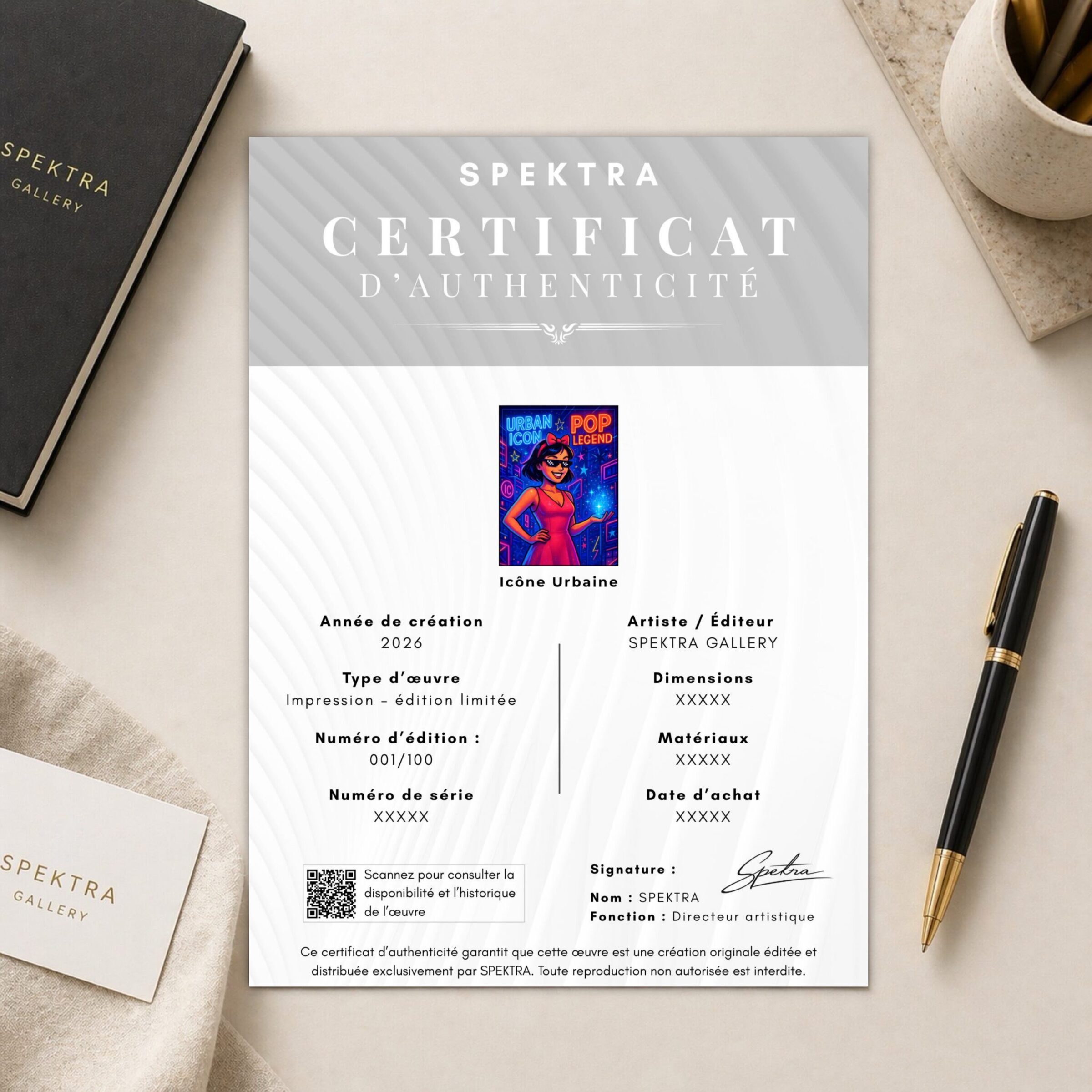 Certificat d’authenticité SPEKTRA accompagnant le tableau Icône Urbaine en édition limitée avec numéro de série et informations d’édition