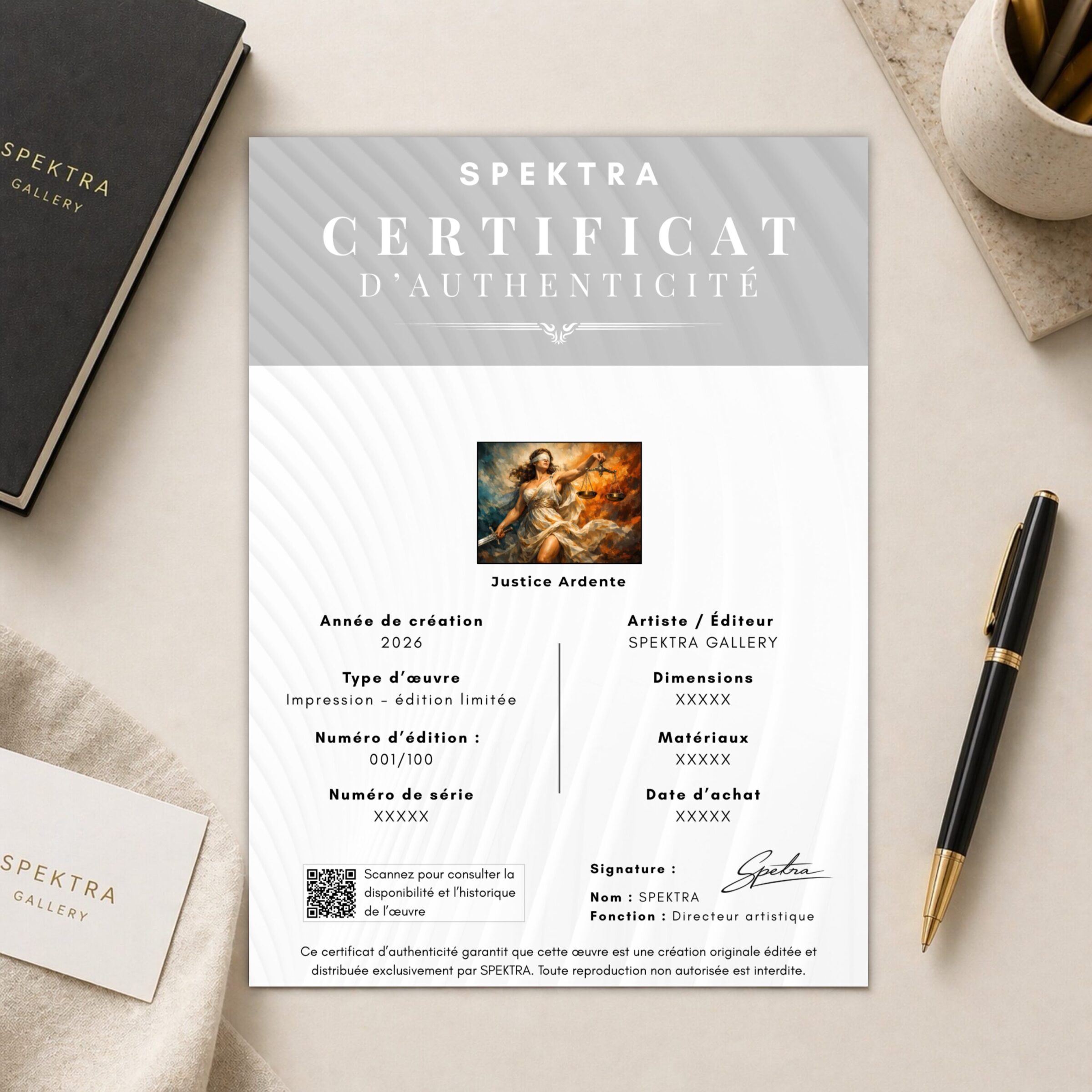 Tableau Justice Ardente – Balance, Épée et Force Symbolique Certificat d’authenticité SPEKTRA Gallery pour l’œuvre Justice Ardente, présenté sur un bureau élégant avec aperçu du tableau, numéro d’édition et signature.