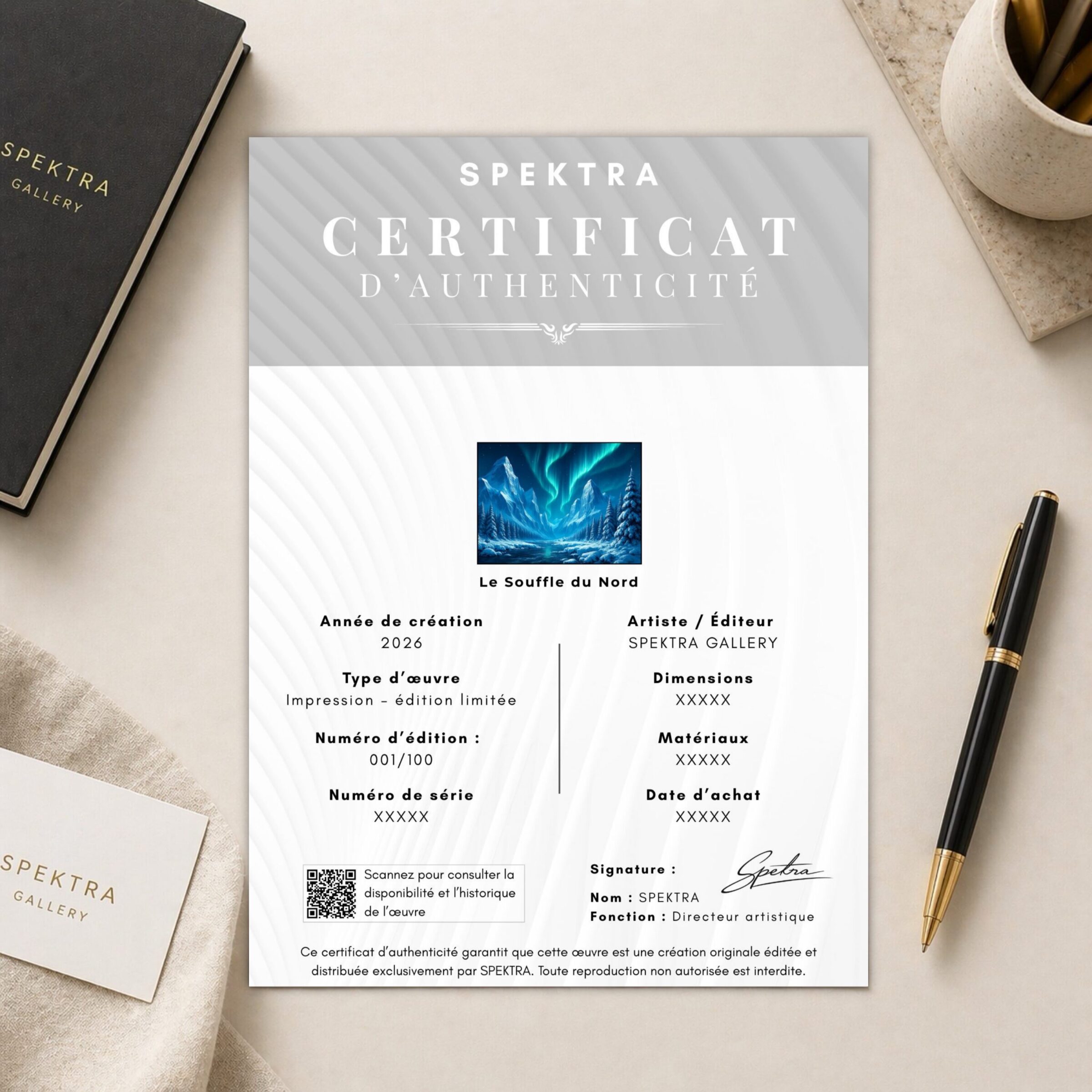 Certificat d’authenticité SPEKTRA accompagnant l’œuvre Le Souffle du Nord en édition limitée numérotée