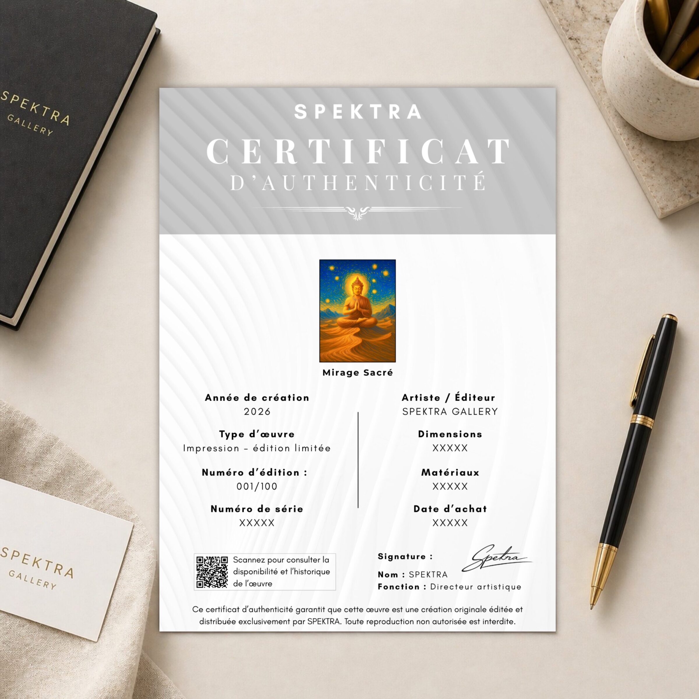 Tableau Bouddha Mirage Sacré - Art Spirituel et Méditation | SPEKTRA Certificat d’authenticité SPEKTRA accompagnant l’œuvre Mirage Sacré en édition limitée avec numéro de série et signature.