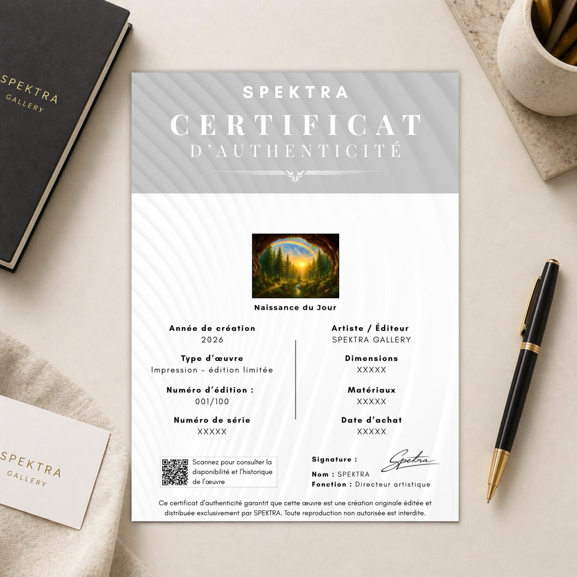 Naissance du Jour – Tableau Paysage Fantastique | SPEKTRA Certificat d’authenticité SPEKTRA de l’œuvre Naissance du Jour présenté avec numéro d’édition limité et signature officielle