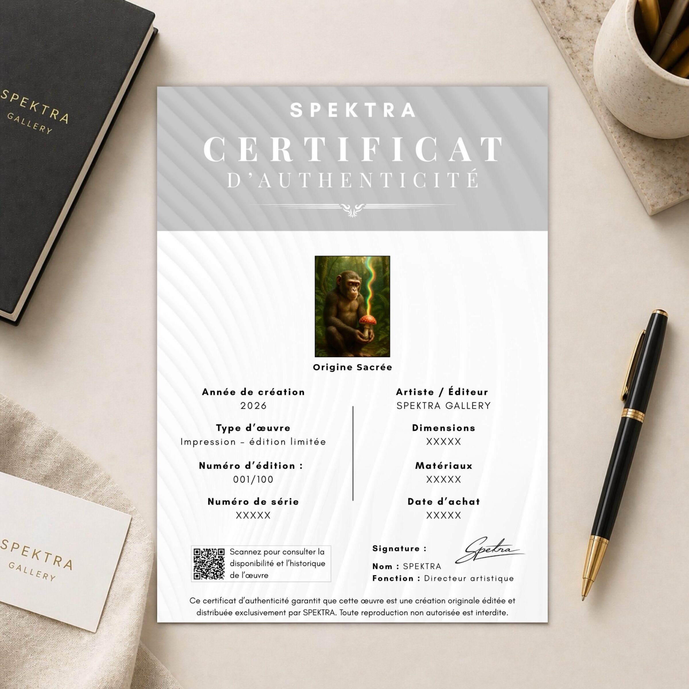 Tableau Origine Sacrée – Évolution et Éveil Spirituel | SPEKTRA Certificat d’authenticité SPEKTRA accompagnant le tableau Origine Sacrée en édition limitée avec numéro de série et informations d’édition