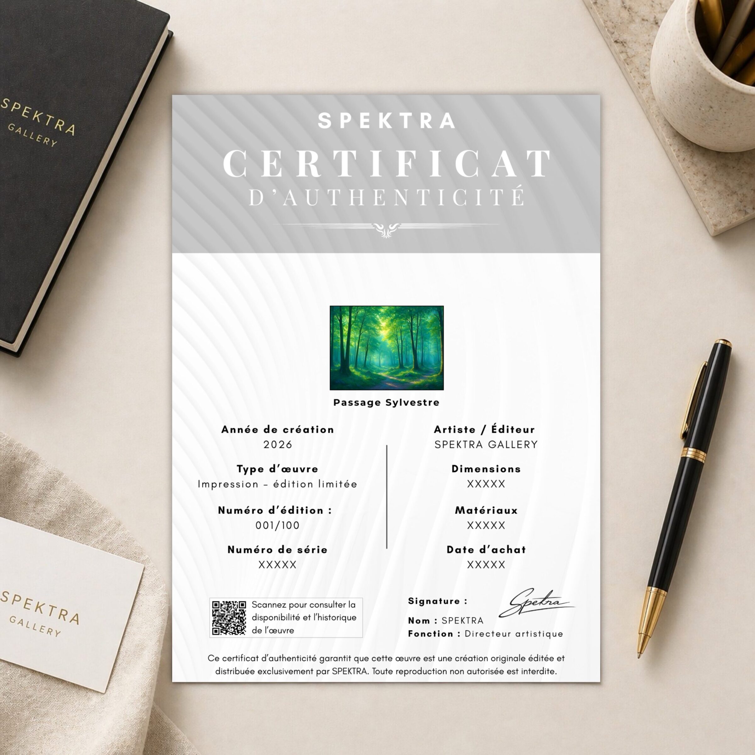 Certificat d’authenticité SPEKTRA du tableau Passage Sylvestre présenté avec les informations d’édition limitée et la signature de l’éditeur.