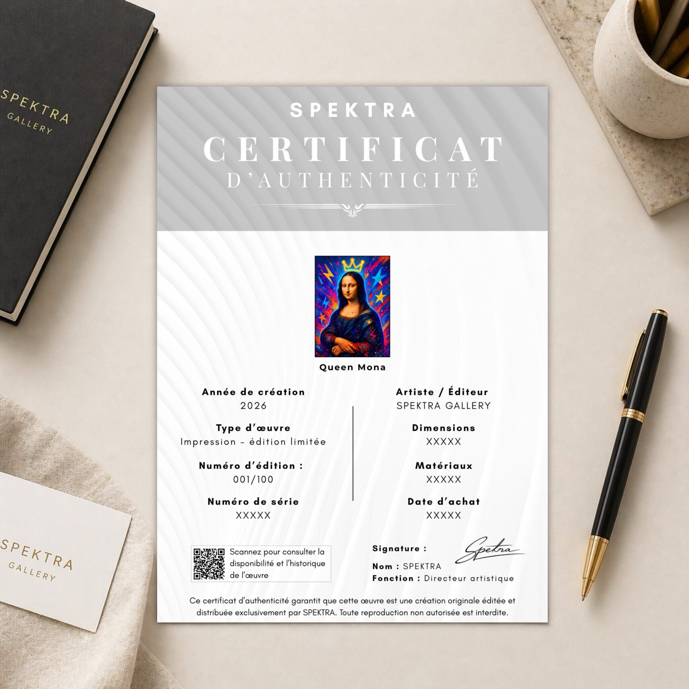 Tableau Queen Mona – Mona Lisa Pop Art Contemporaine | SPEKTRA Certificat d’authenticité SPEKTRA accompagnant le tableau Queen Mona en édition limitée avec numéro de série et informations d’édition