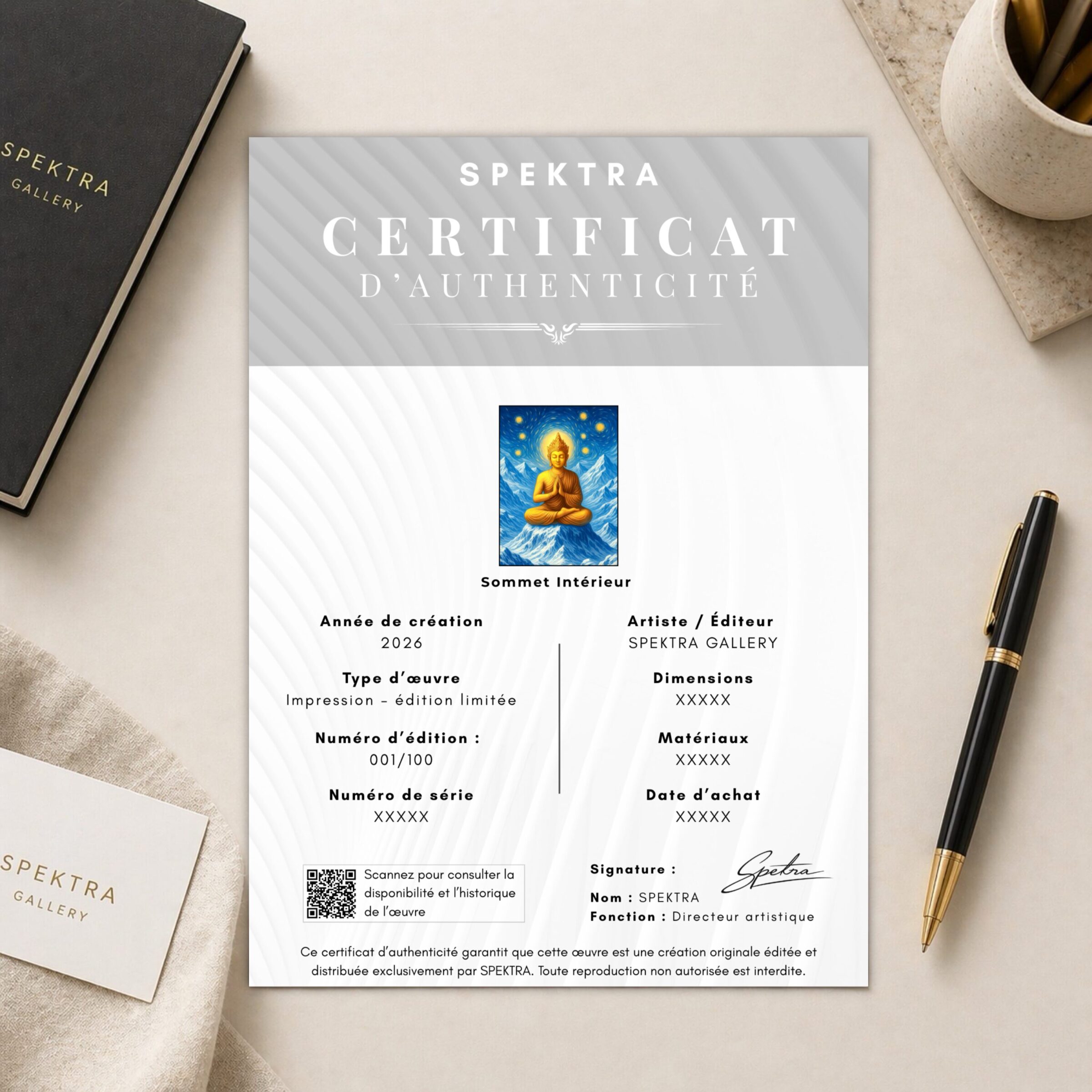 Tableau Bouddha Méditation – Sommet Intérieur | SPEKTRA Certificat d’authenticité SPEKTRA accompagnant l’œuvre Sommet Intérieur en édition limitée avec numérotation et informations d’authentification.