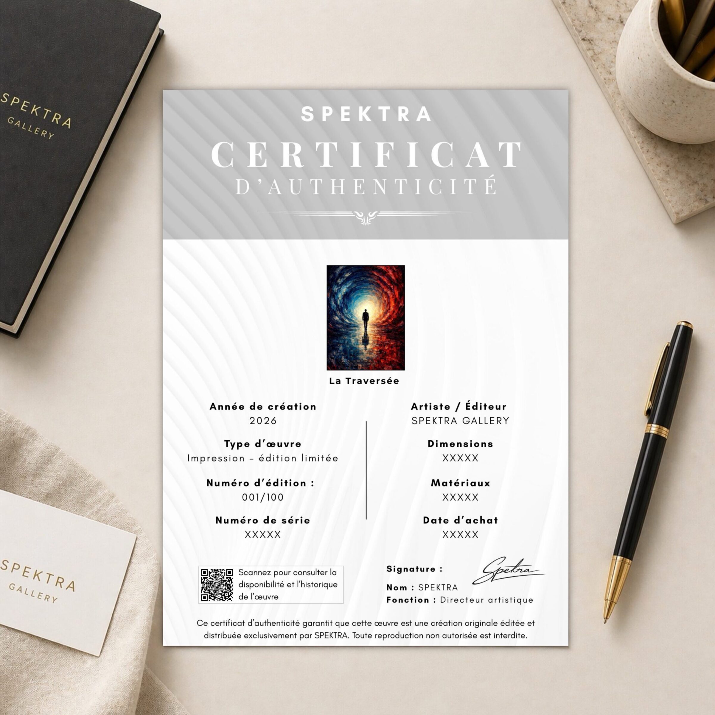 Tableau Abstrait Silhouette – La Traversée Certificat d’authenticité SPEKTRA accompagnant le tableau La Traversée, une œuvre abstraite représentant une silhouette avançant vers la lumière, éditée en série limitée.