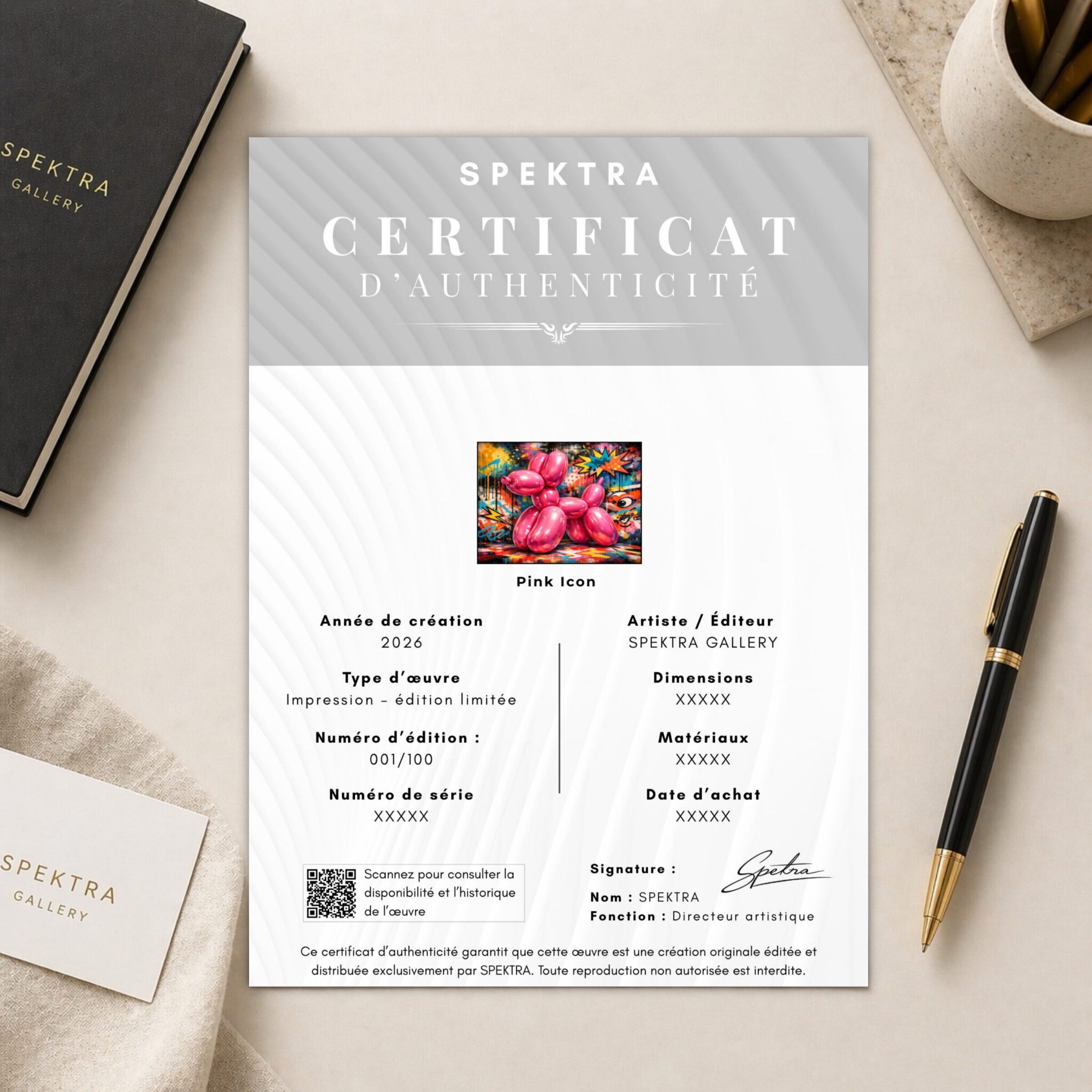 Certificat d’authenticité SPEKTRA accompagnant le tableau Pink Icon, une œuvre pop art représentant un chien ballon rose brillant, éditée en série limitée.
