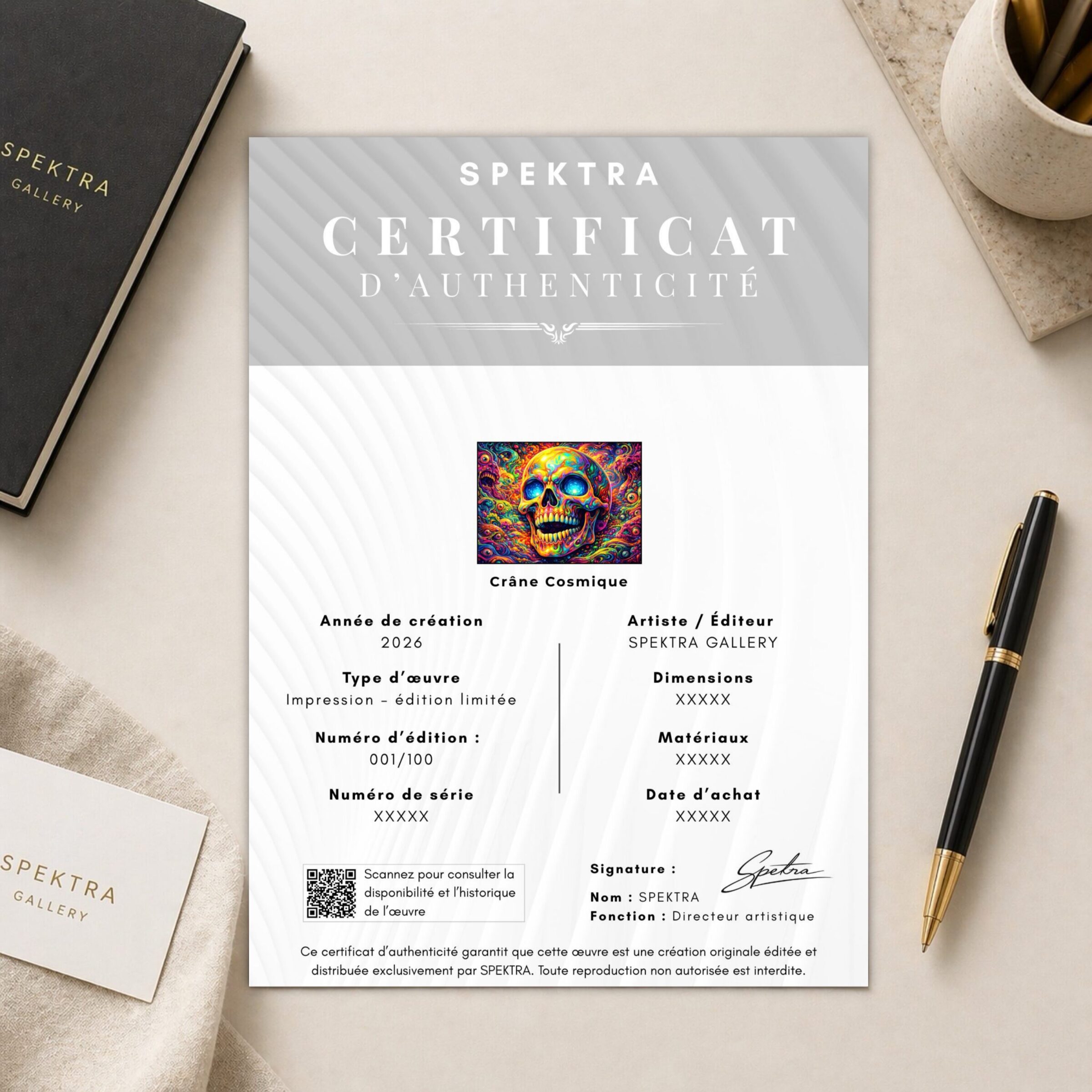 Tableau Crâne Cosmique – Crâne Psychédélique Coloré Certificat d’authenticité SPEKTRA accompagnant le tableau Crâne Cosmique, une œuvre psychédélique colorée inspirée du skull art et des univers cosmiques, éditée en série limitée.