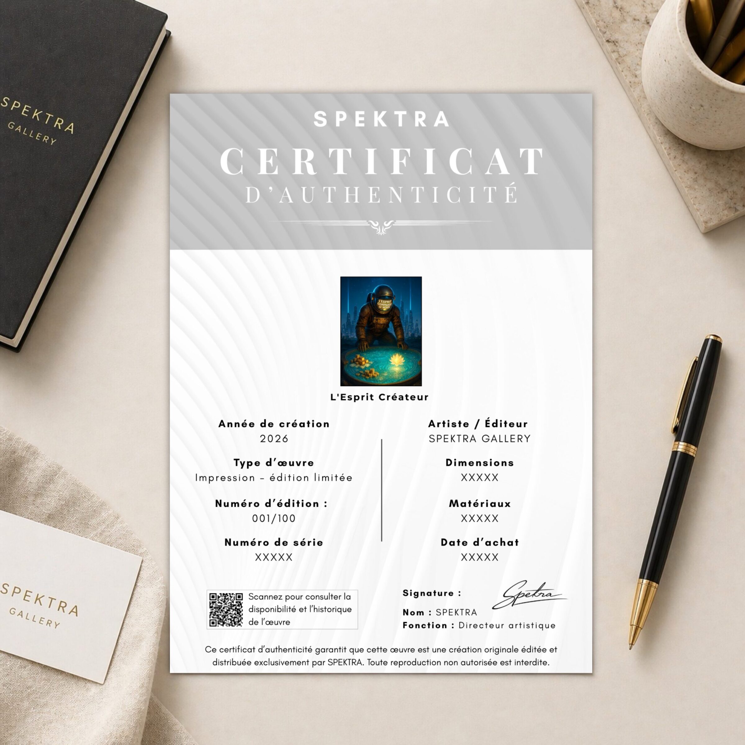 Certificat d'authenticité SPEKTRA du tableau L'Esprit Créateur en édition limitée avec numéro de série et signature