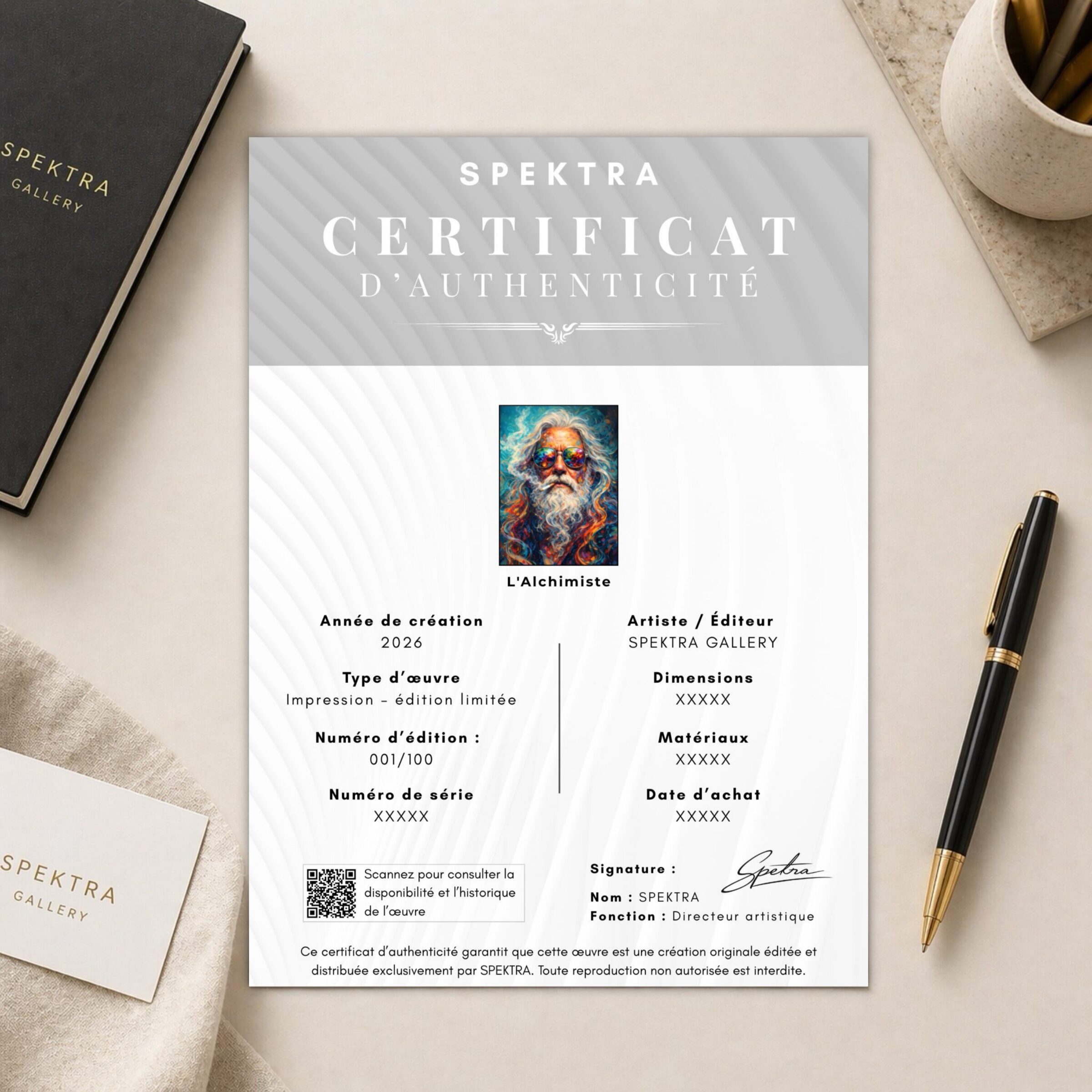 Tableau Psychédélique Homme Barbu – L'Alchimiste Certificat d’authenticité SPEKTRA pour le tableau psychédélique L'Alchimiste en édition limitée avec numéro d’édition et signature