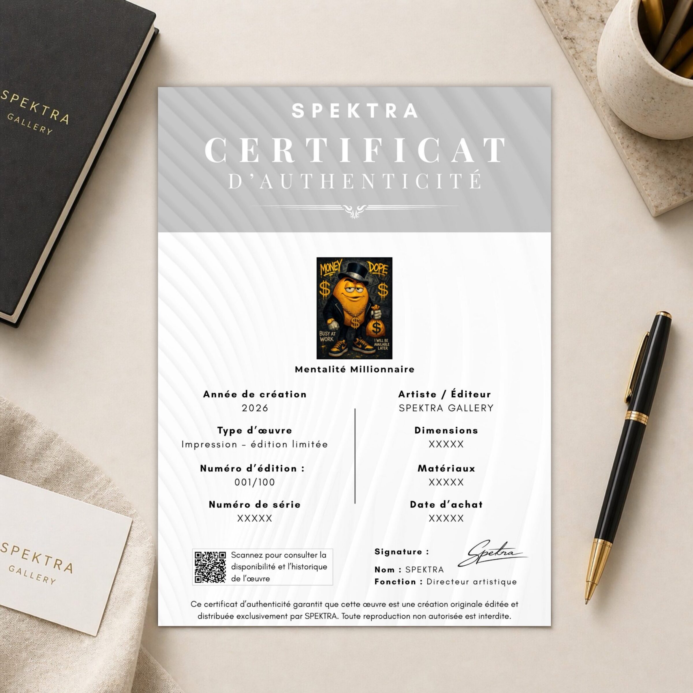 Tableau Mentalité Millionnaire – Pop Art Luxe Business certificat authenticite tableau mentalite millionnaire edition limitee spektra