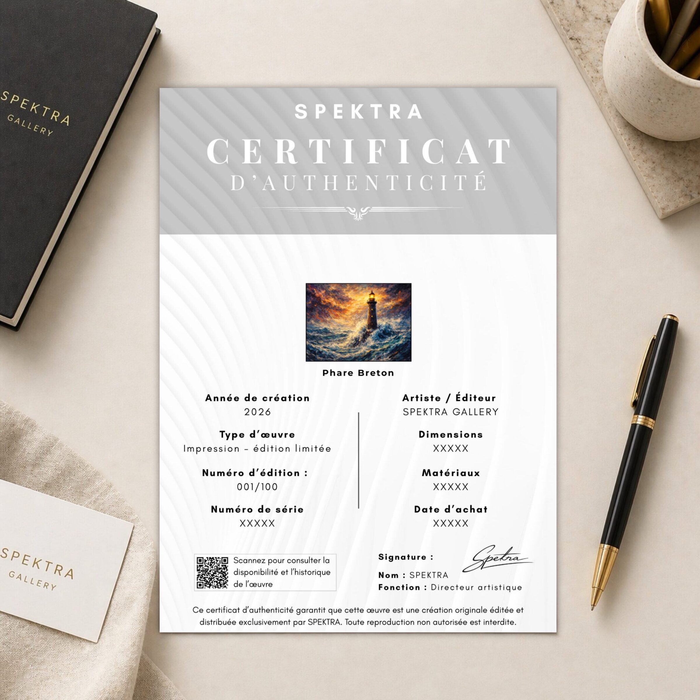 Certificat d’authenticité SPEKTRA accompagnant le tableau Phare Breton en édition limitée, garantissant son origine, son numéro de série et son exclusivité.