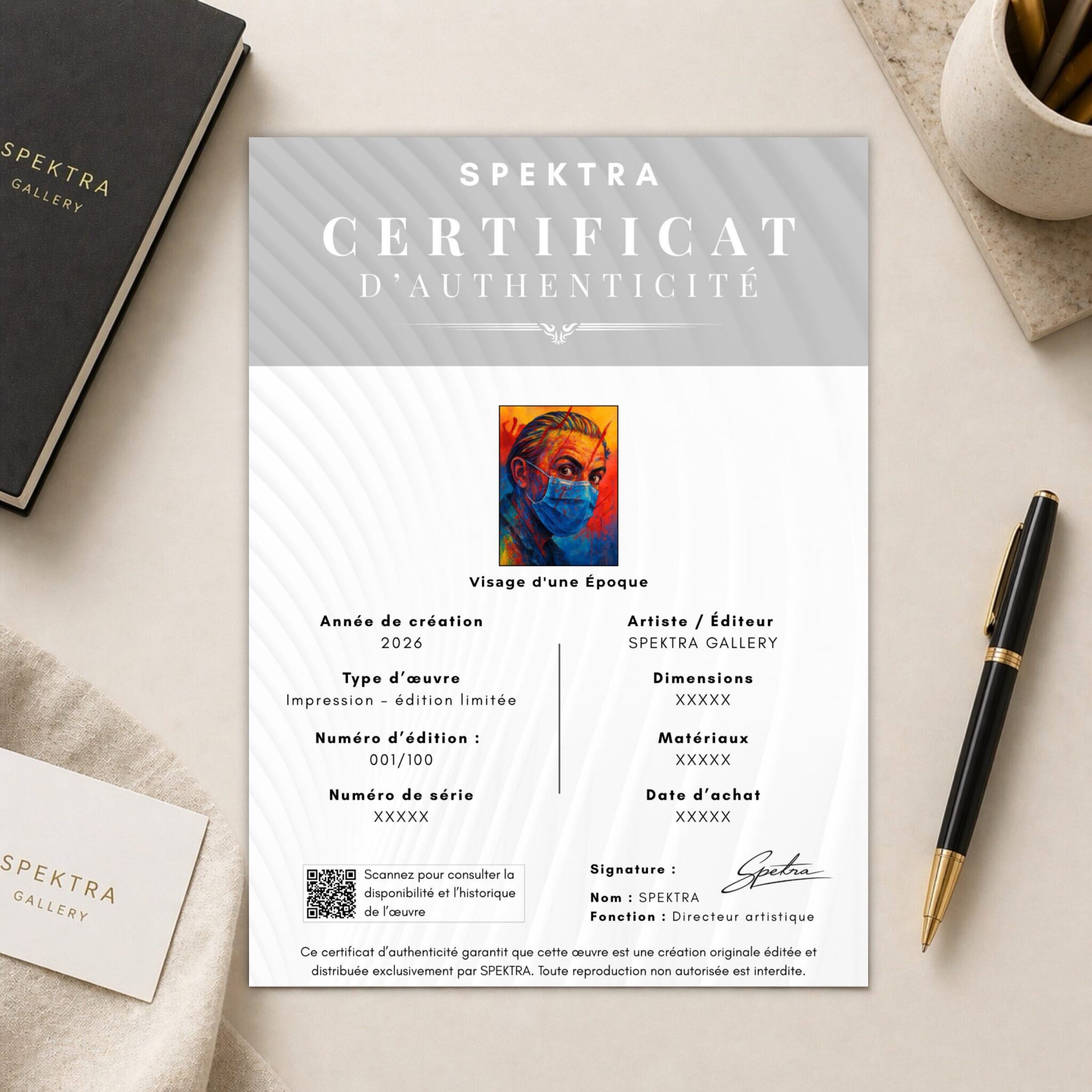Visage d'une Époque – Tableau Portrait Contemporain | SPEKTRA Certificat d’authenticité SPEKTRA accompagnant le tableau Visage d'une Époque en édition limitée numérotée