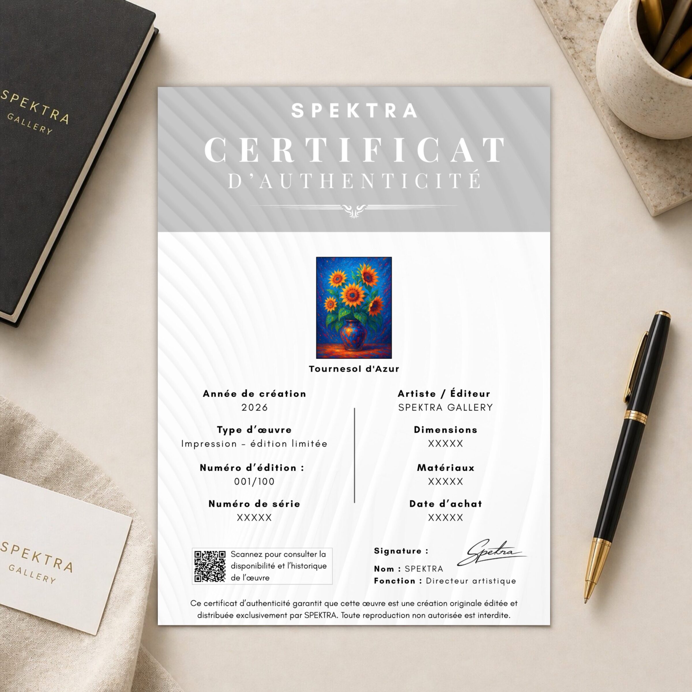 Tableau Tournesol d'Azur – Bouquet de Tournesols Expressionniste | SPEKTRA Certificat d’authenticité SPEKTRA pour l’œuvre Tournesol d’Azur, édition limitée numérotée accompagnant un tableau floral contemporain aux tournesols