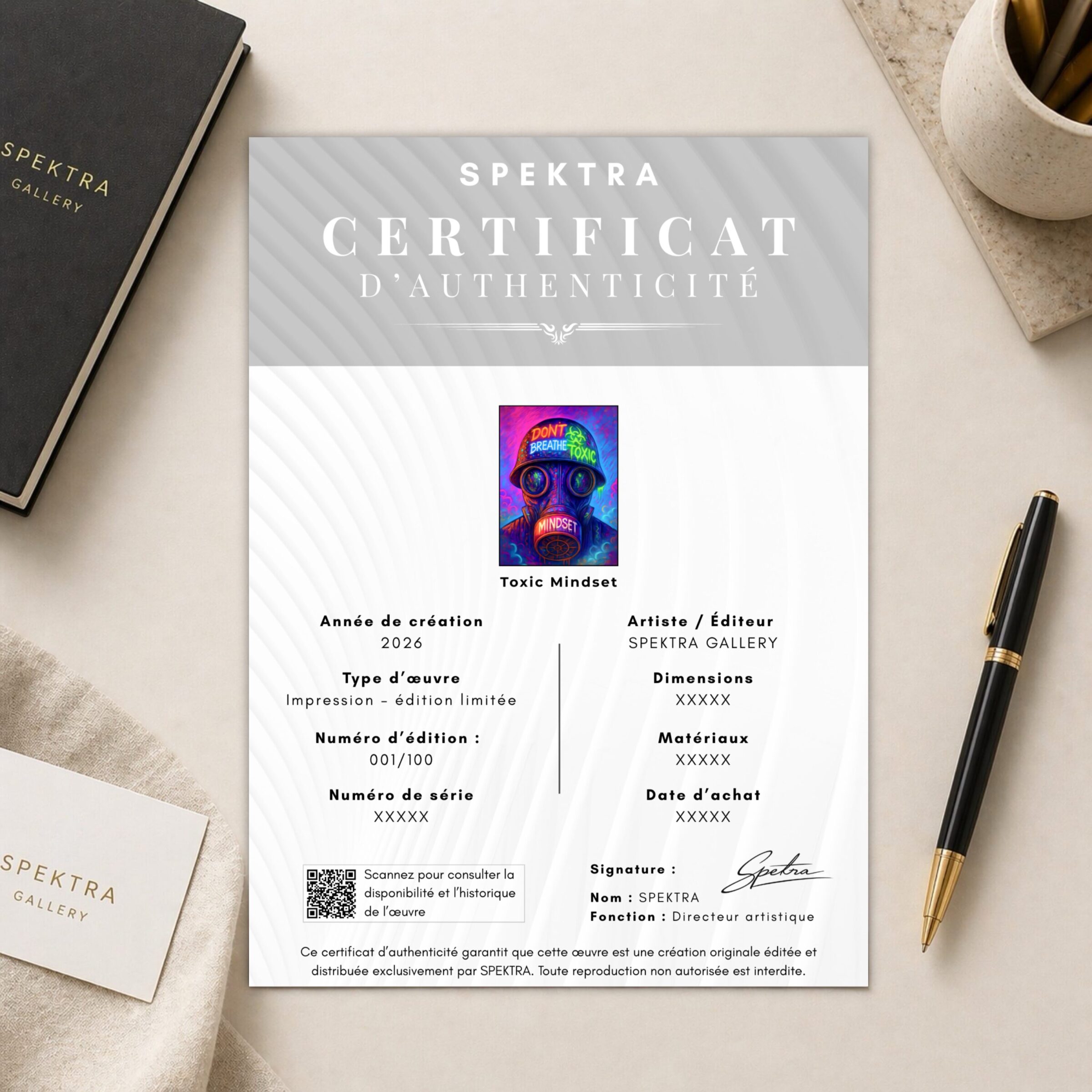 Certificat d’authenticité SPEKTRA accompagnant le tableau Toxic Mindset en édition limitée