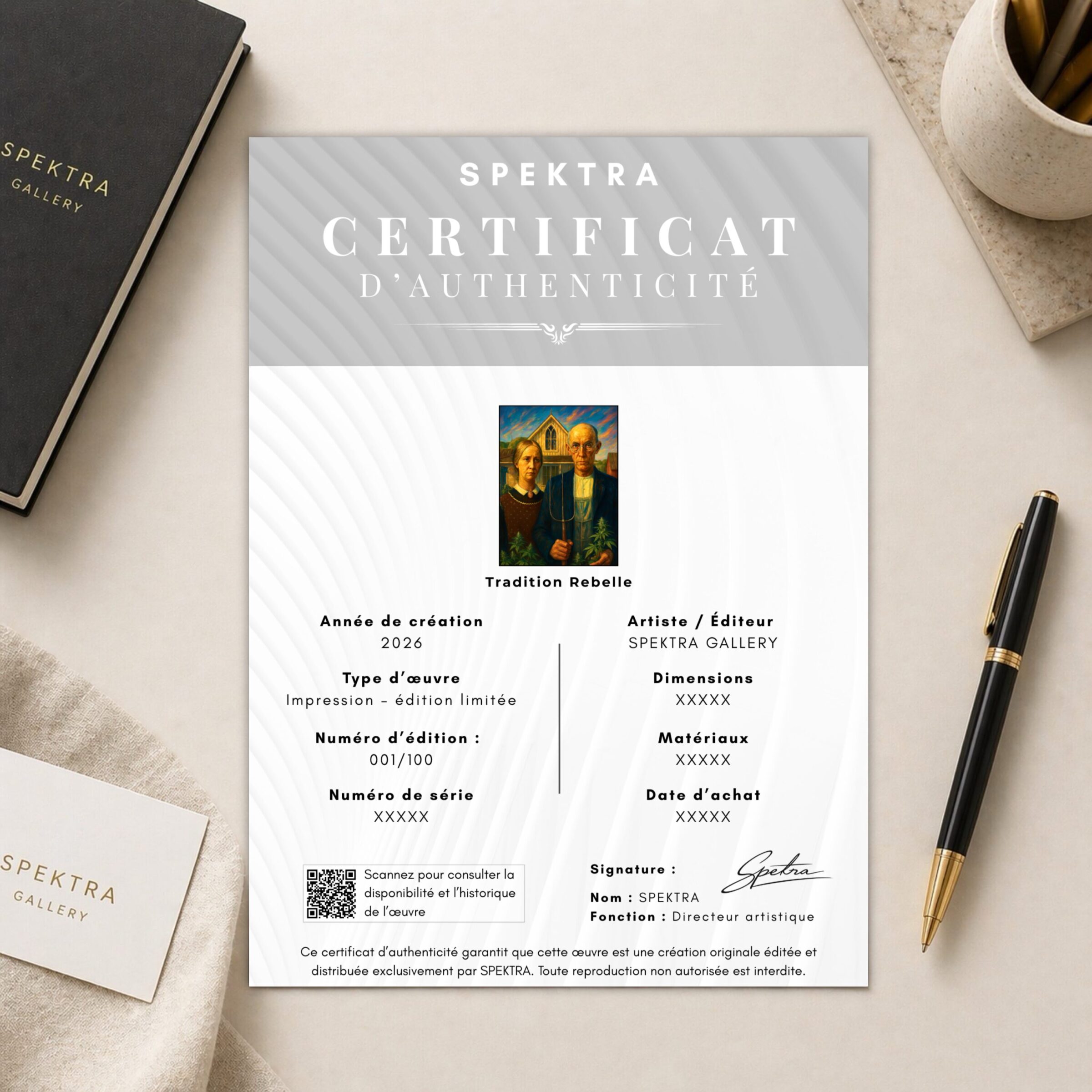 Tableau Tradition Rebelle – Art Classique Réinventé Certificat d’authenticité SPEKTRA accompagnant le tableau Tradition Rebelle en édition limitée