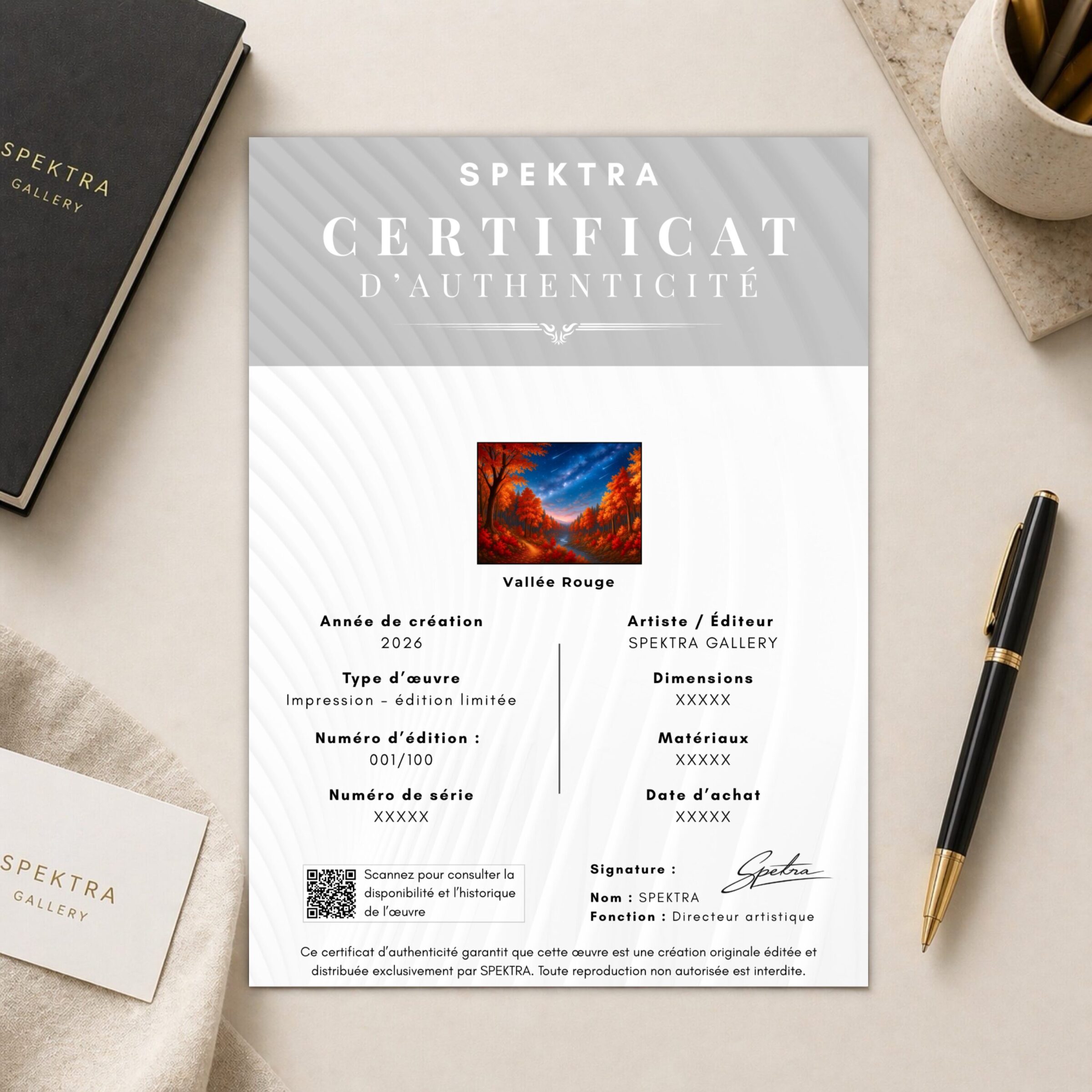 Tableau Vallée Rouge – Paysage Automnal pour Salon Moderne Certificat d’authenticité SPEKTRA du tableau Vallée Rouge en édition limitée avec numéro d’édition, numéro de série et signature d’authentification