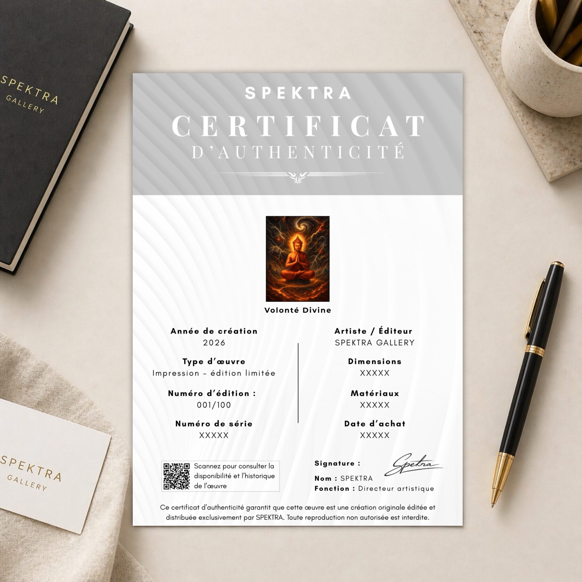 Tableau Volonté Divine – Bouddha Spirituel et Énergie Sacrée Certificat d’authenticité SPEKTRA de l’œuvre Volonté Divine présenté sur un bureau avec carnet et stylo