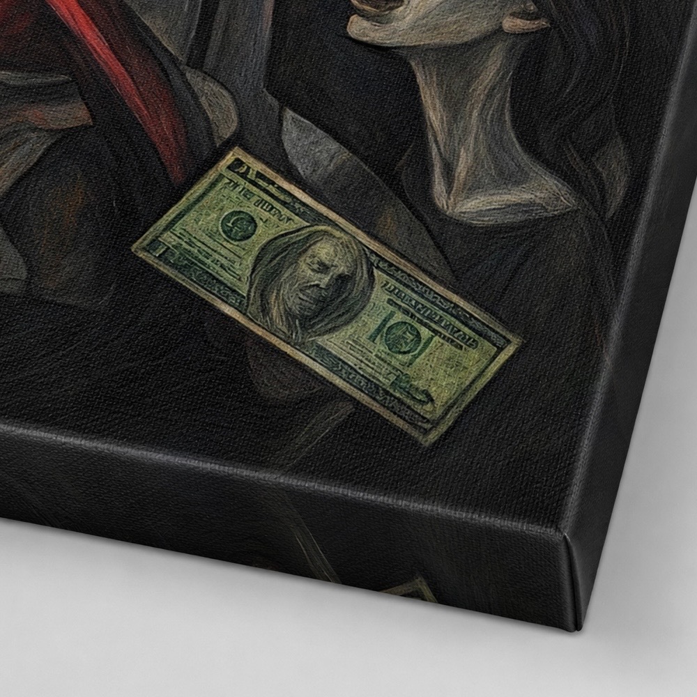 Tableau Guernica Capitaliste – Art Contemporain Satirique | SPEKTRA Détail du billet de dollar dans le tableau Guernica Capitaliste symbolisant l'influence de l'argent et du pouvoir économique.