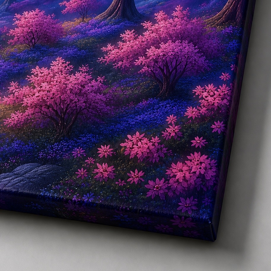 Tableau Paysage Fantastique – Nuit d'Éternité Détail de l’impression du tableau Nuit d'Éternité avec fleurs roses et finitions haute définition