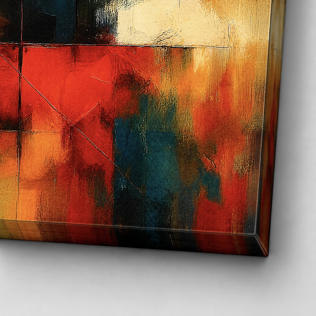 Tableau Lumière Captive – Abstraction lumineuse et énergie contemporaine Détail du tableau abstrait Lumière Captive mettant en valeur les textures artistiques, les nuances rouge, orange, bleu profond et les finitions contemporaines de l’œuvre.
