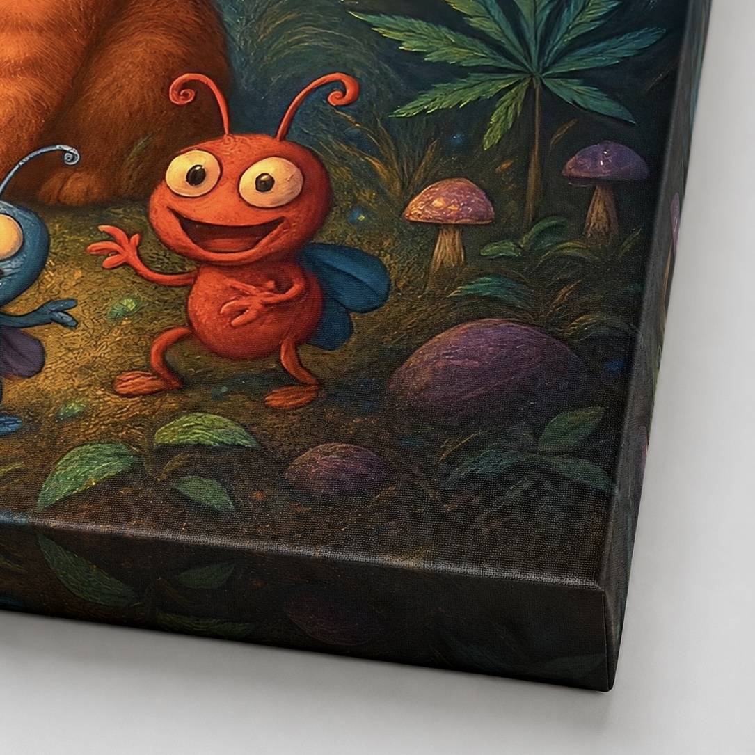 Tableau Champ Perché – Chat Roux et Forêt Féerique Détail du tableau Champ Perché montrant la texture de la toile, un insecte rouge souriant, des champignons et la finition du bord imprimé.