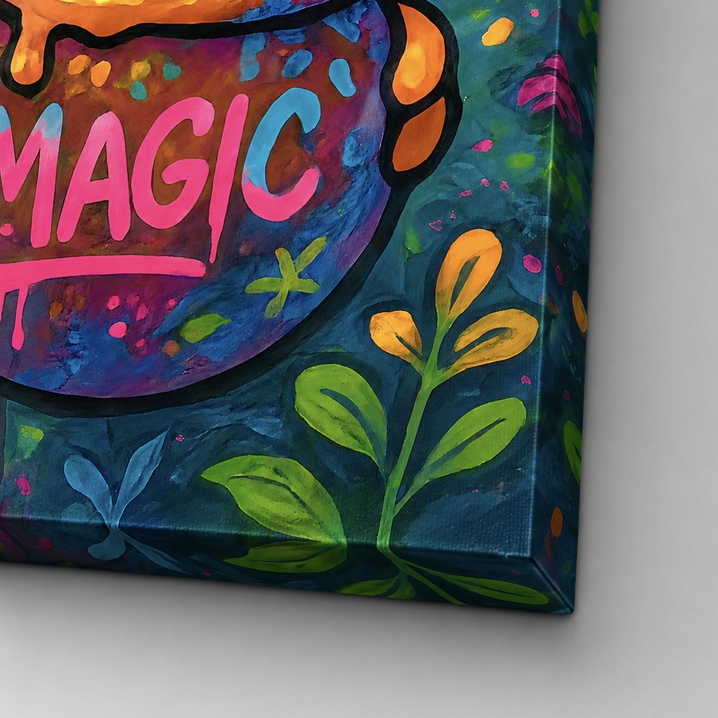 Tableau Dream World – Ours pop art, magie et monde imaginaire Détail du tableau Dream World montrant les couleurs vibrantes, les éléments végétaux féeriques et la qualité d'impression de la toile dans un univers pop art et fantastique.