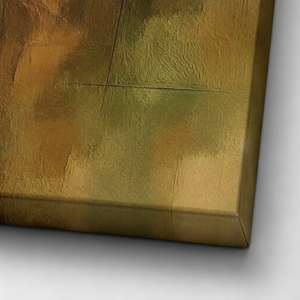Détail du tableau Écho Terrestre mettant en valeur les textures abstraites et les nuances naturelles de vert, ocre et beige sur toile.