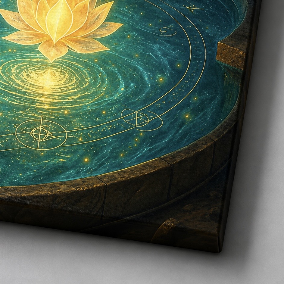 Détail du tableau L'Esprit Créateur montrant une fleur de lotus lumineuse entourée de symboles d'abondance et d'énergie spirituelle