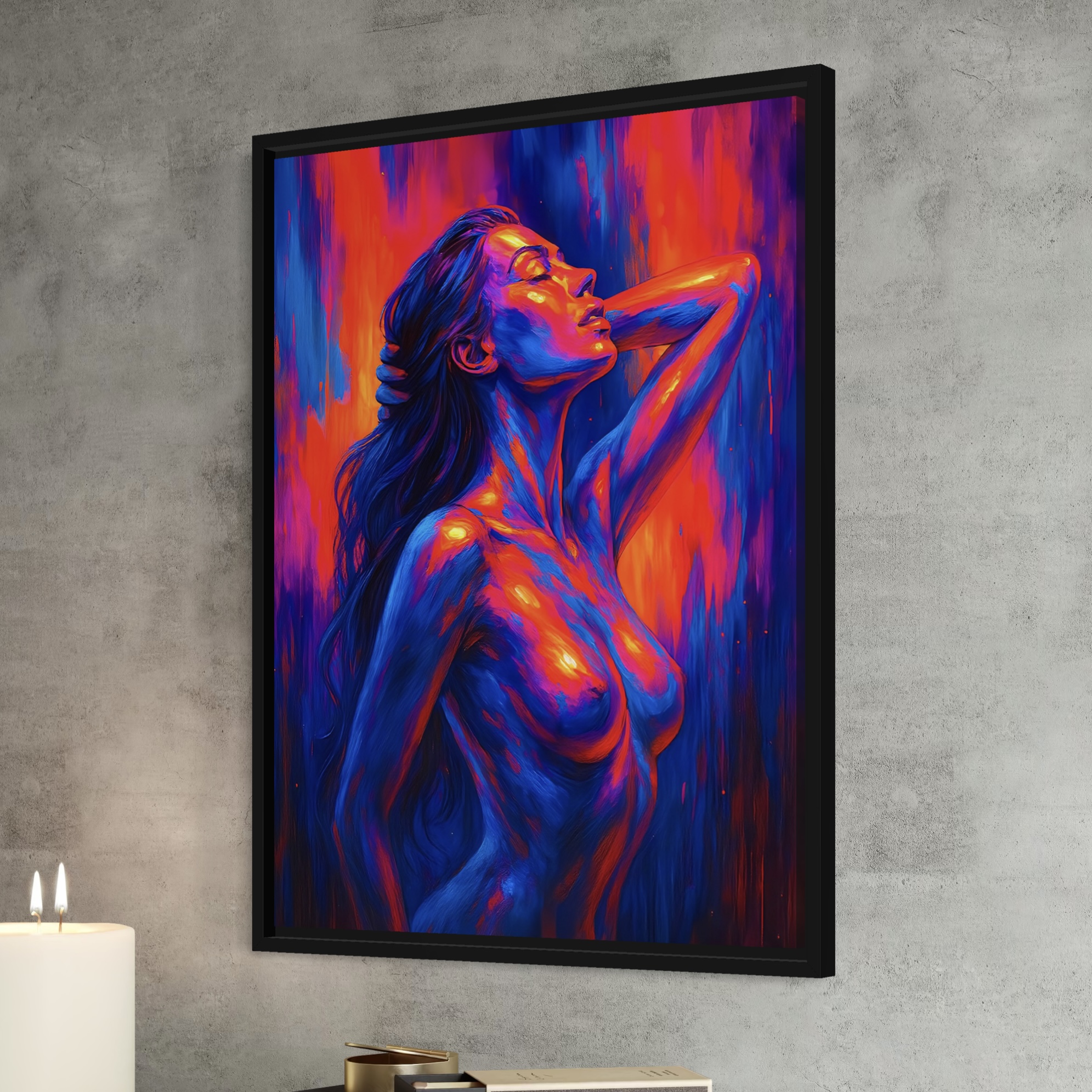 Détail du tableau Extase Écarlate montrant les couleurs néon rouges, bleues et violettes ainsi que les nuances artistiques du portrait féminin contemporain