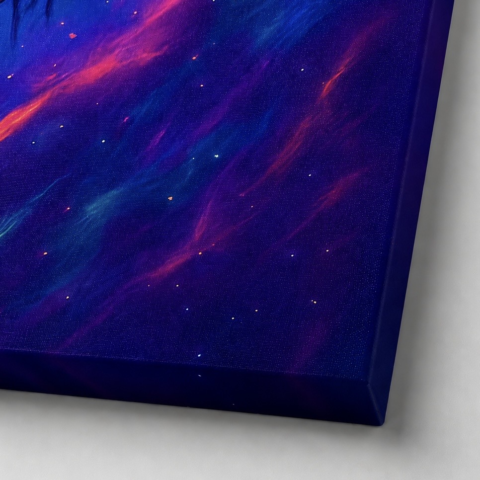 Tableau Hors du Temps – Astronaute, Cosmos et Présent Détail du tableau Hors du Temps montrant la texture de la toile, les nuances cosmiques bleues et violettes ainsi que la finition du bord imprimé.
