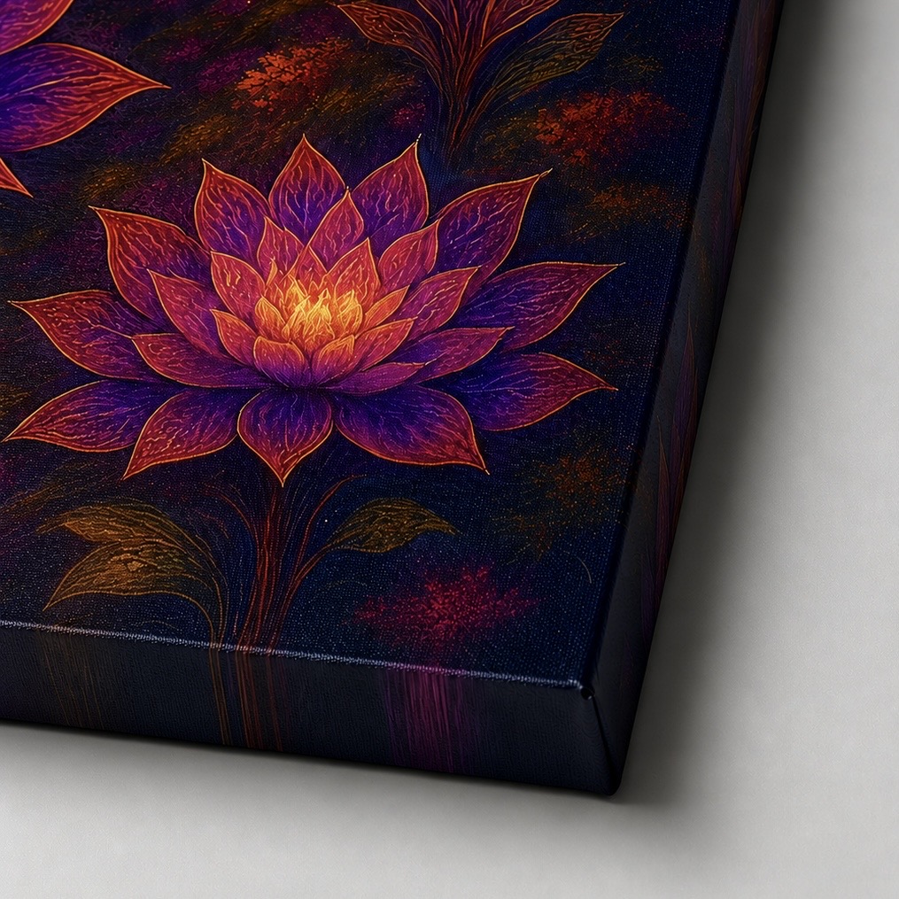 Tableau Jardin Mystique – Temple Lumineux et Lotus Détail du tableau Jardin Mystique montrant la texture de la toile, une fleur de lotus lumineuse et la finition du bord imprimé.